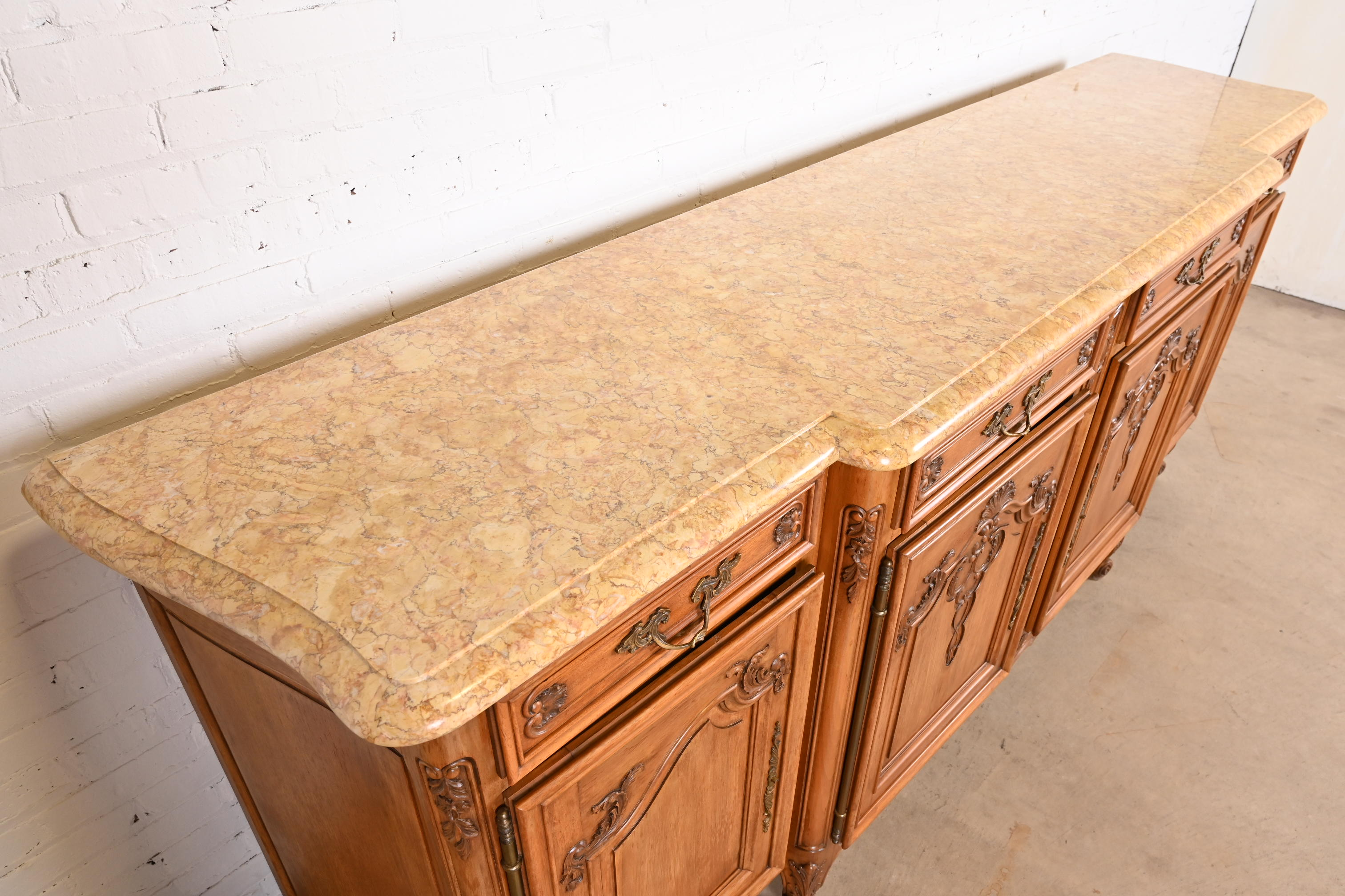 Antique Monumental French Provincial Louis XV Carved Walnut Marble Top Sideboard or Bar Cabinet - Image 9