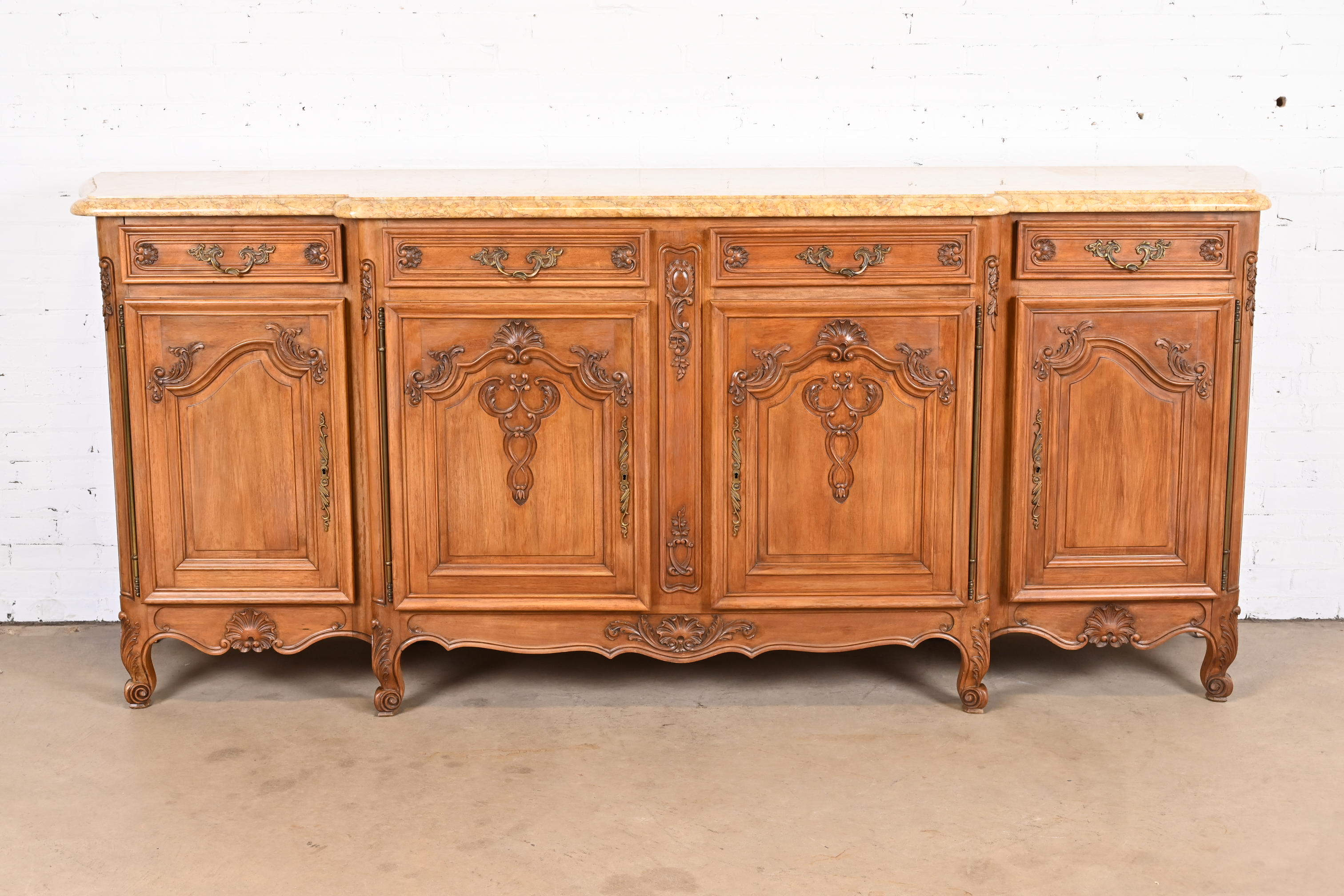 Antique Monumental French Provincial Louis XV Carved Walnut Marble Top Sideboard or Bar Cabinet
