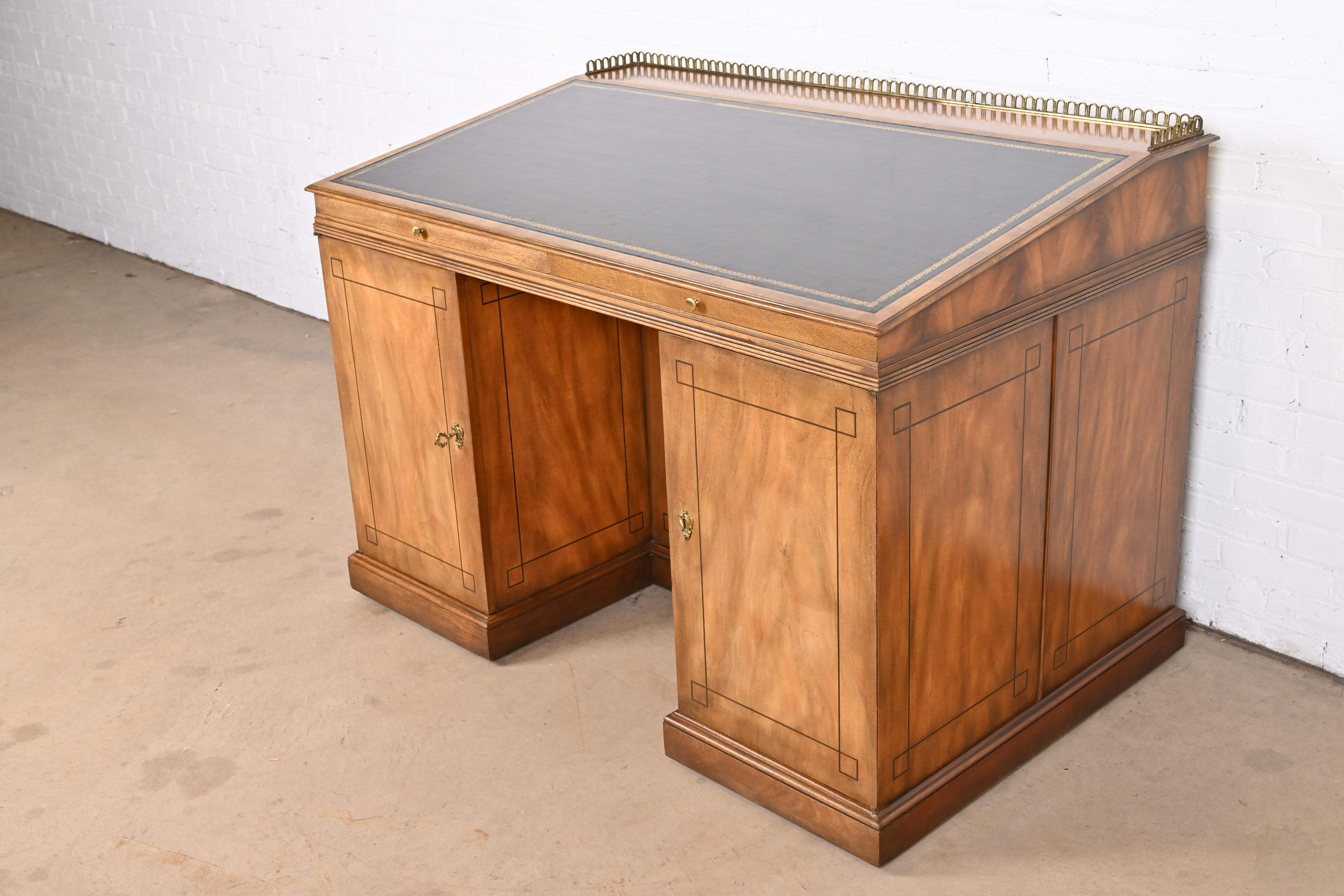 Baker Furniture Georgian Flame Mahogany Leather Top Slant Front Architect's Desk, Circa 1960s