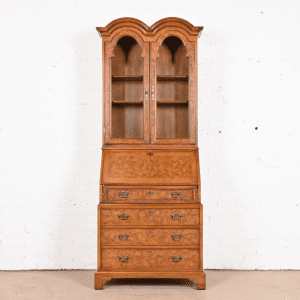 John Stuart Georgian Burl Wood Drop Front Secretary Desk With Bookcase Hutch