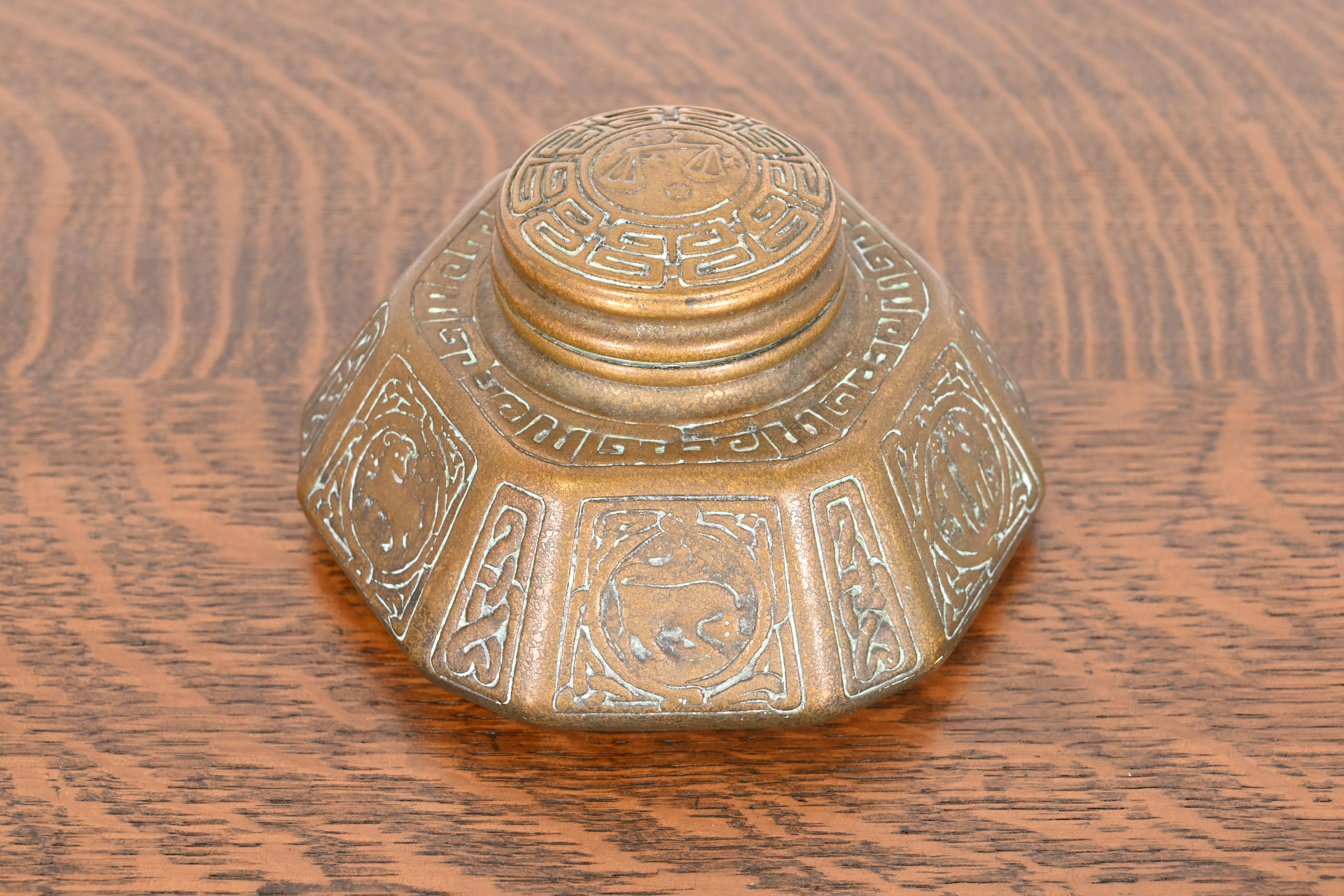 Tiffany Studios New York 'Zodiac' Bronze Doré Large Inkwell