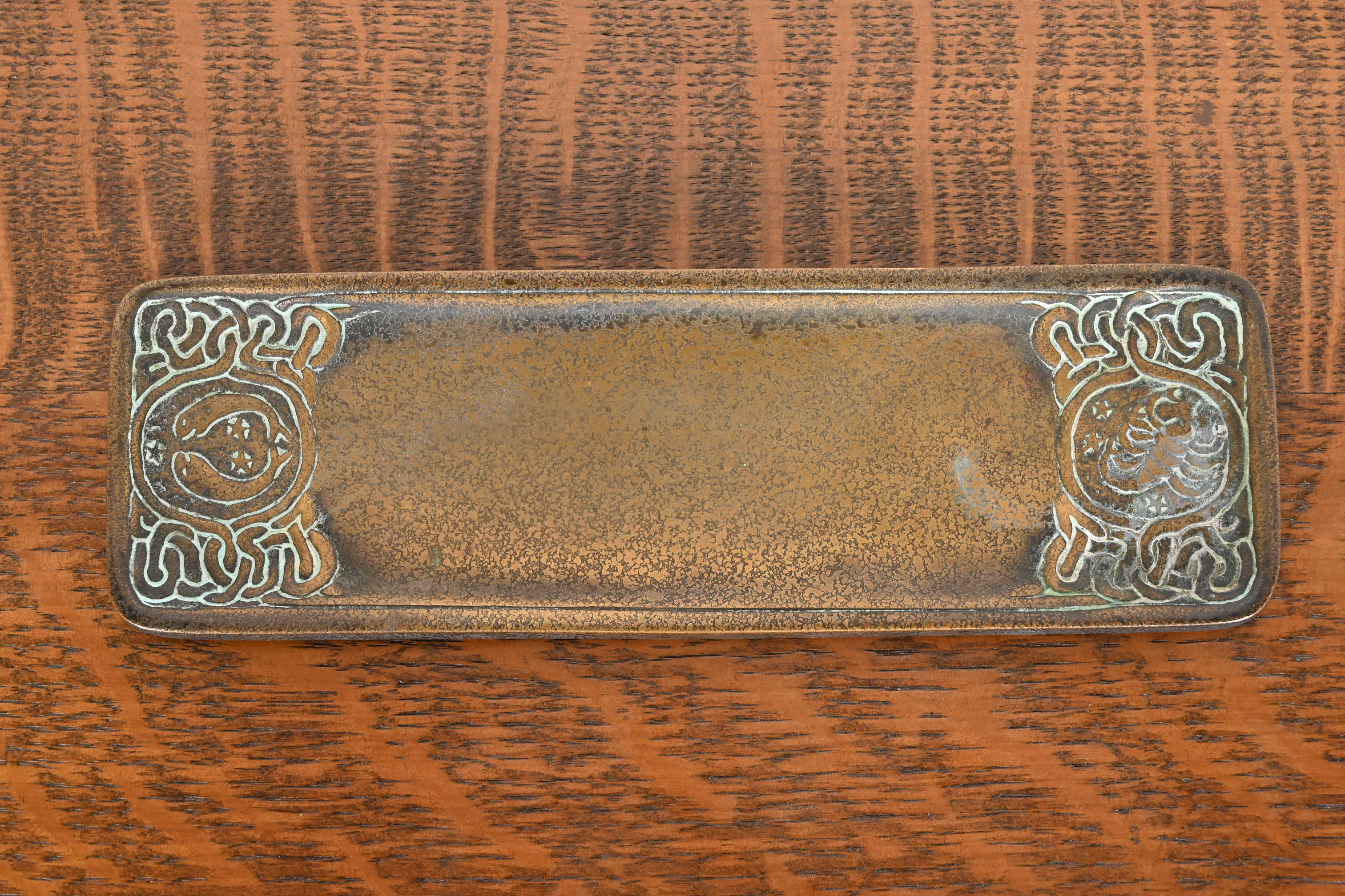 Tiffany Studios New York 'Zodiac' Bronze Pen Tray Desk Accessory, Circa 1910