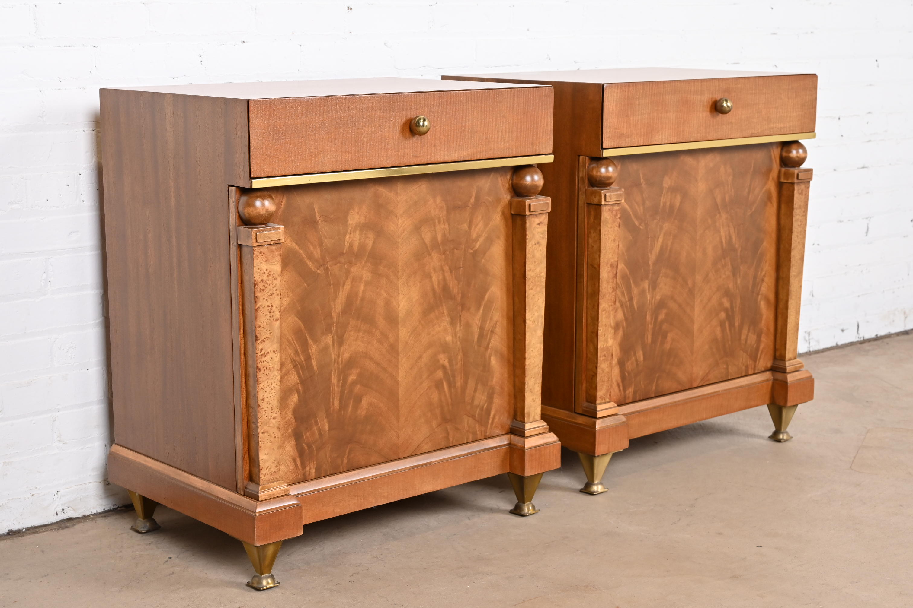Romweber Empire Mahogany, Burl Wood, and Brass Nightstands, Newly Refinished - Image 5