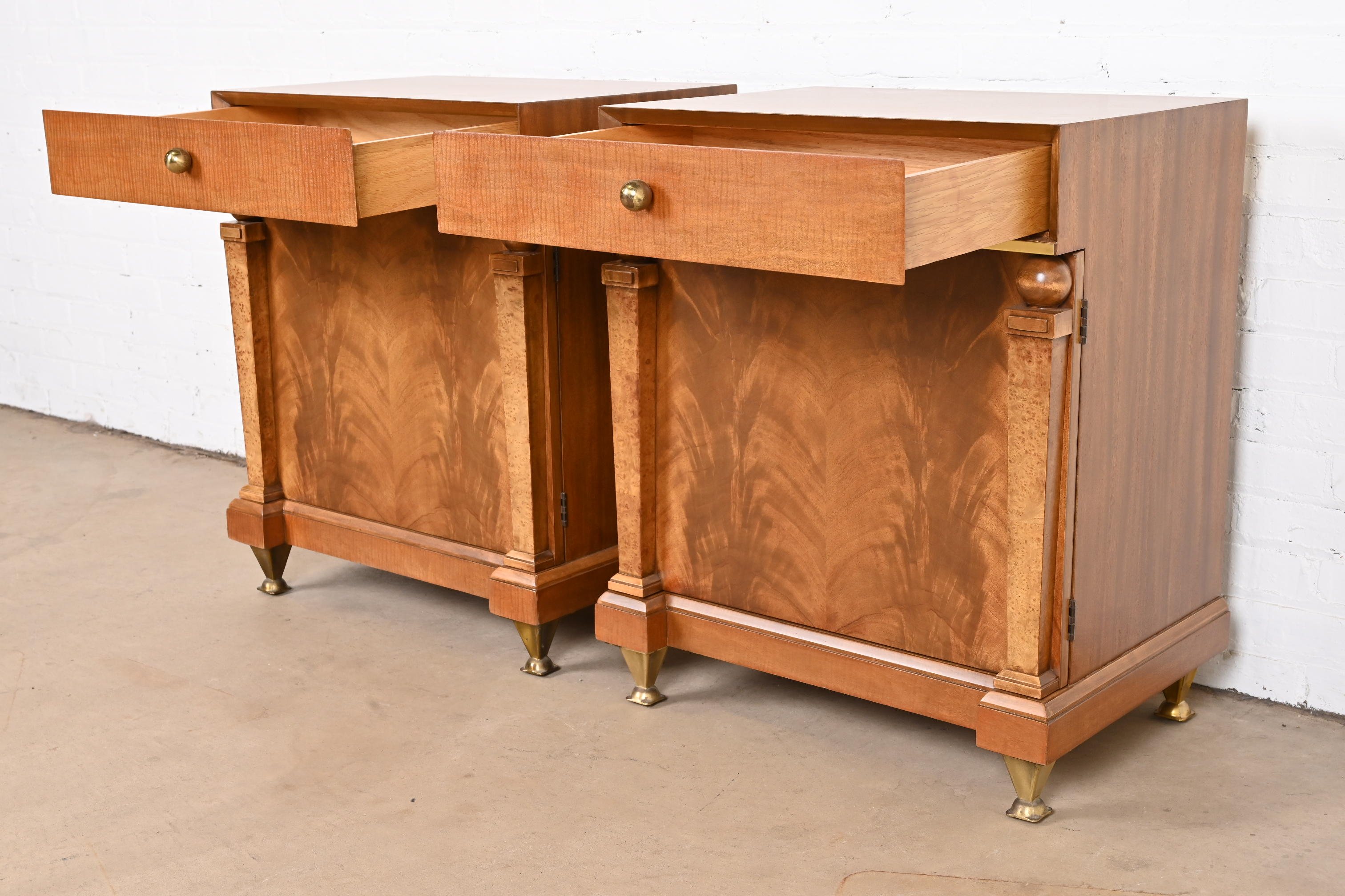 Romweber Empire Mahogany, Burl Wood, and Brass Nightstands, Newly Refinished - Image 7