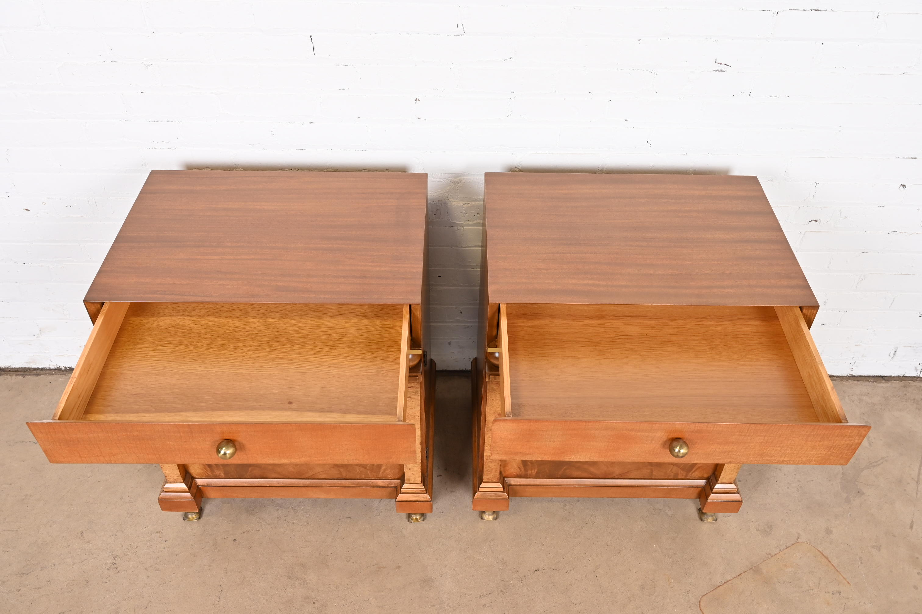 Romweber Empire Mahogany, Burl Wood, and Brass Nightstands, Newly Refinished - Image 8