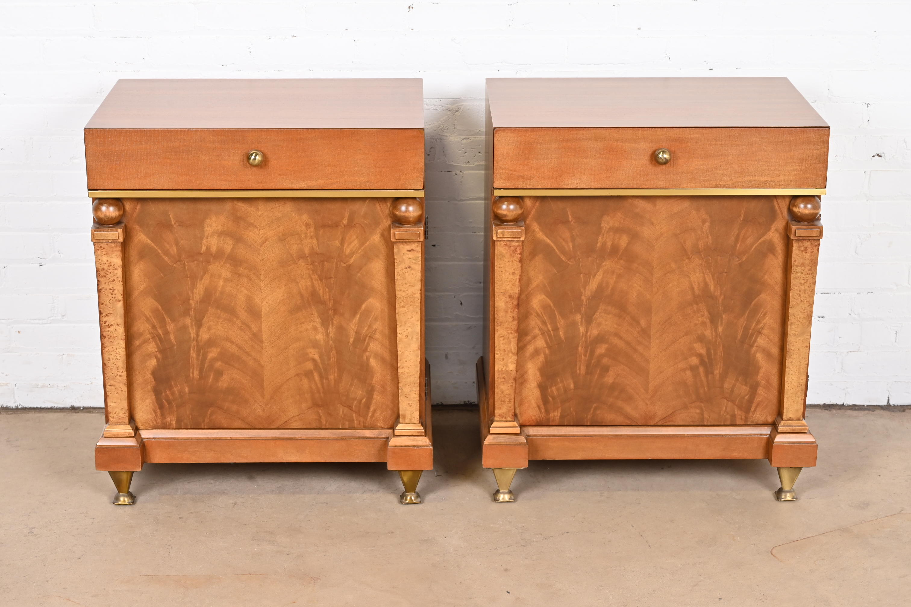 Romweber Empire Mahogany, Burl Wood, and Brass Nightstands, Newly Refinished - Image 4