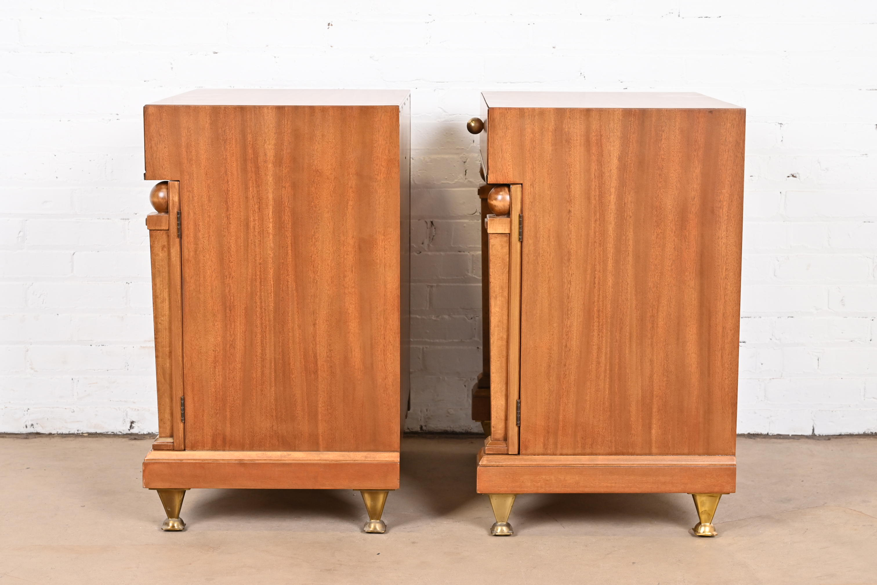 Romweber Empire Mahogany, Burl Wood, and Brass Nightstands, Newly Refinished - Image 11