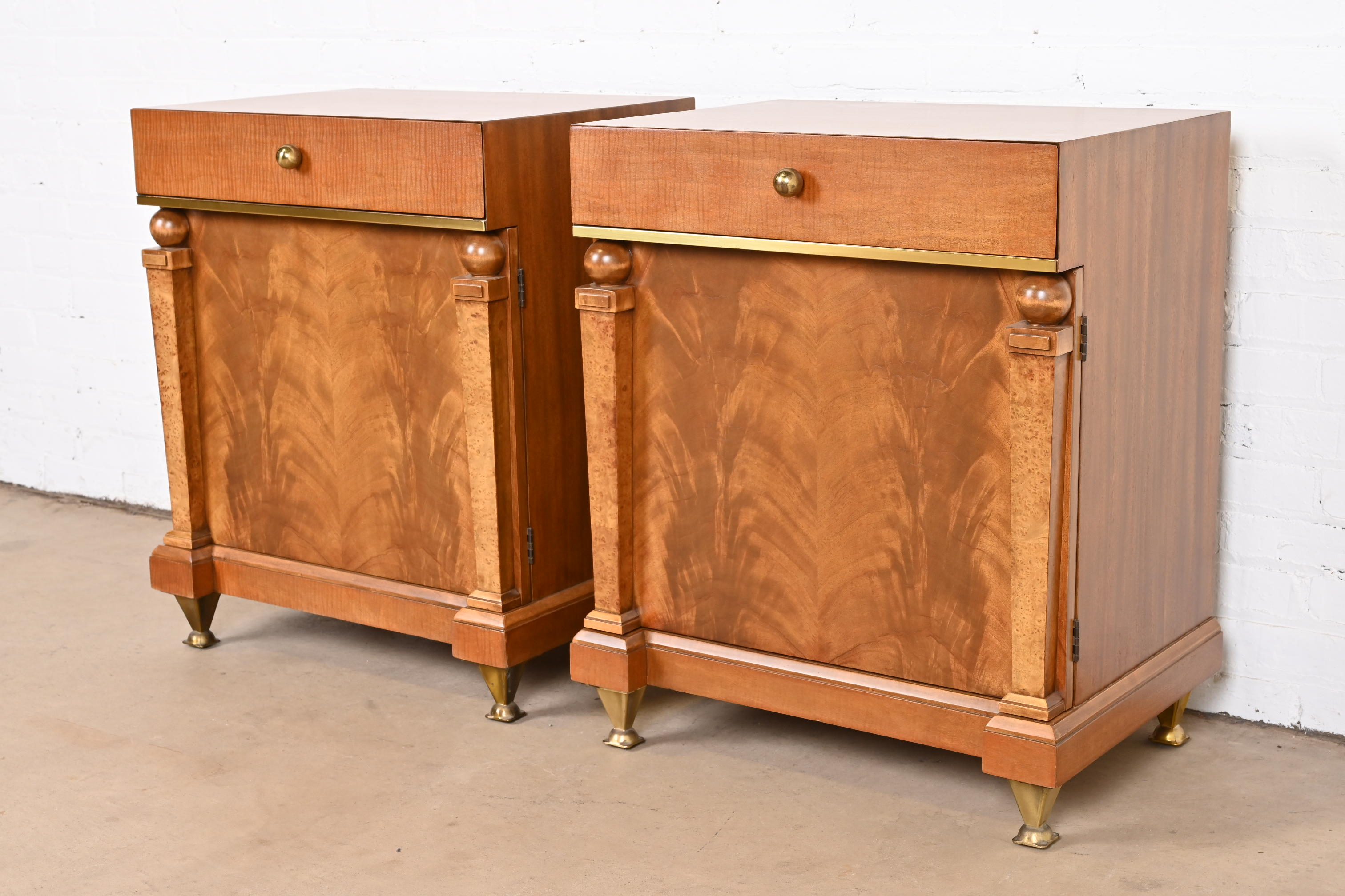 Romweber Empire Mahogany, Burl Wood, and Brass Nightstands, Newly Refinished
