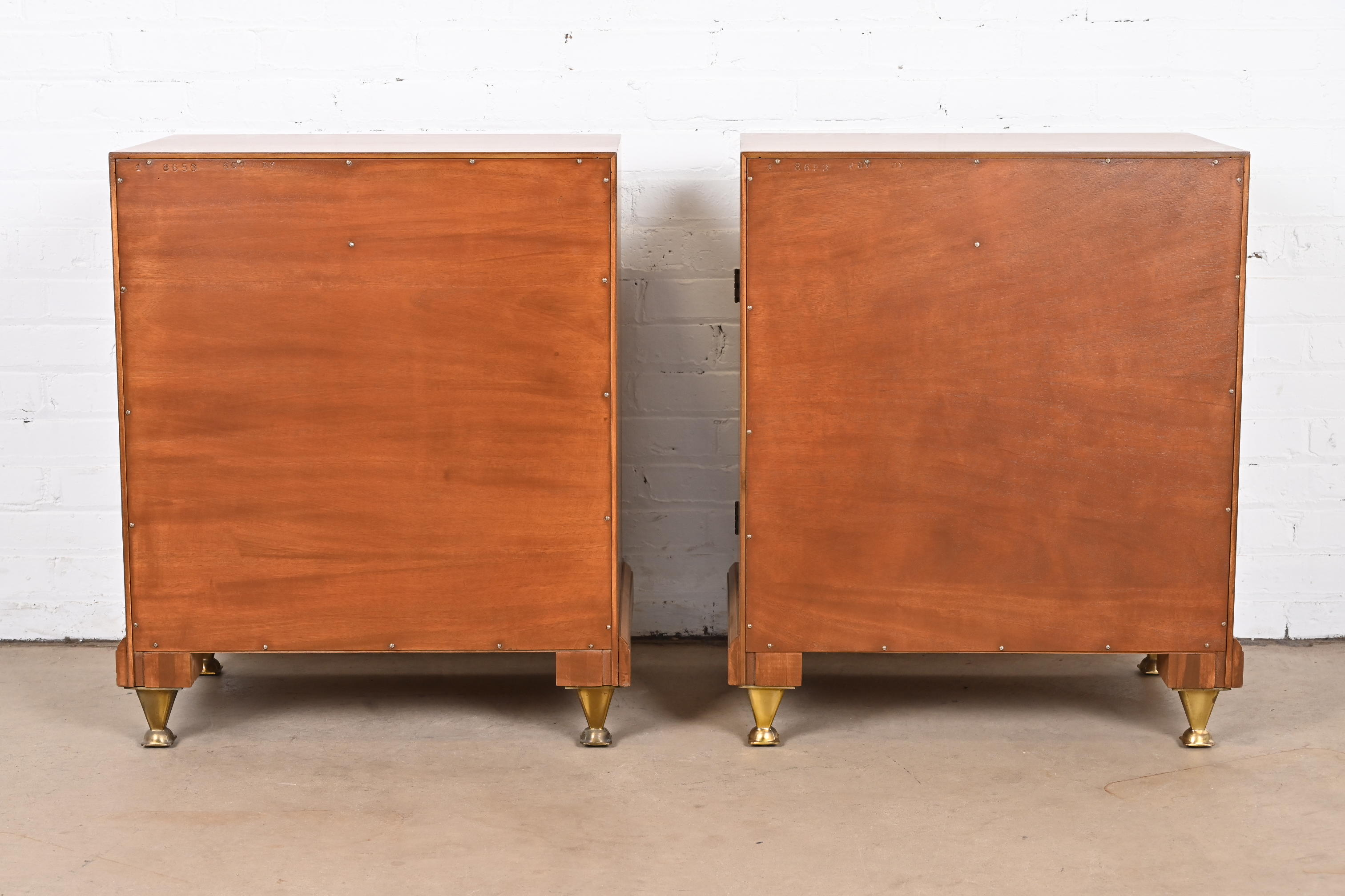 Romweber Empire Mahogany, Burl Wood, and Brass Nightstands, Newly Refinished - Image 12