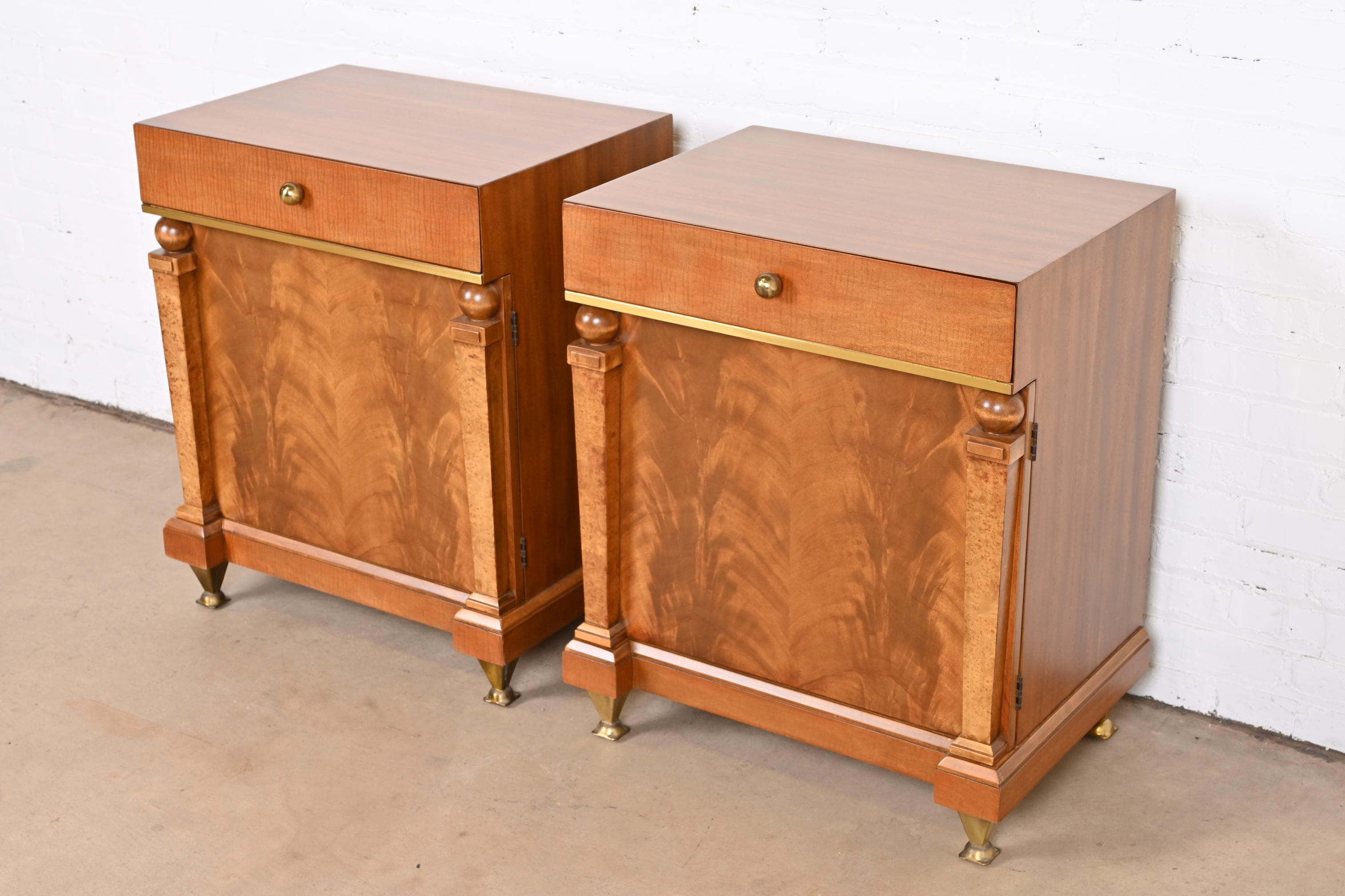 Romweber Empire Mahogany, Burl Wood, and Brass Nightstands, Newly Refinished - Image 2