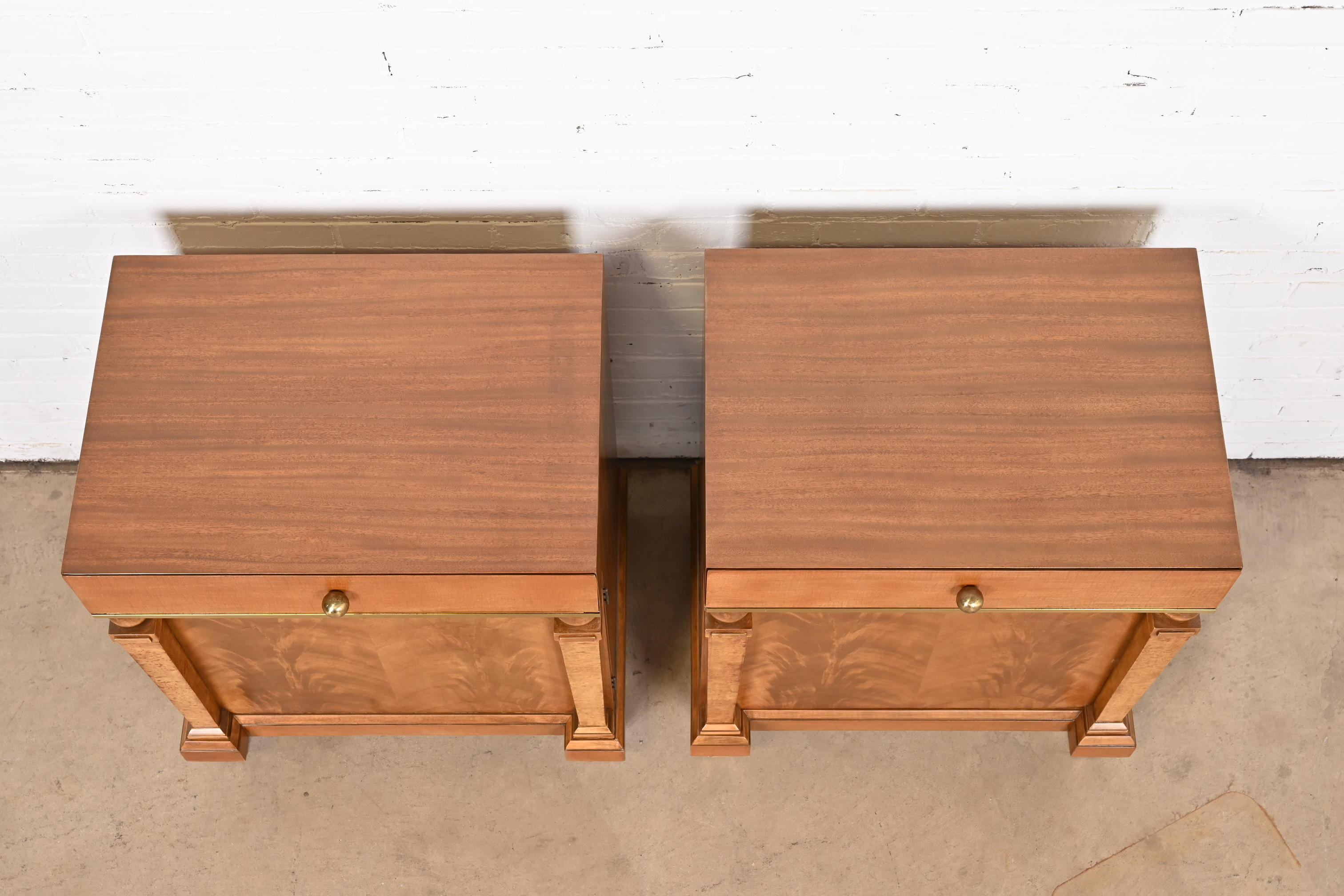 Romweber Empire Mahogany, Burl Wood, and Brass Nightstands, Newly Refinished - Image 10