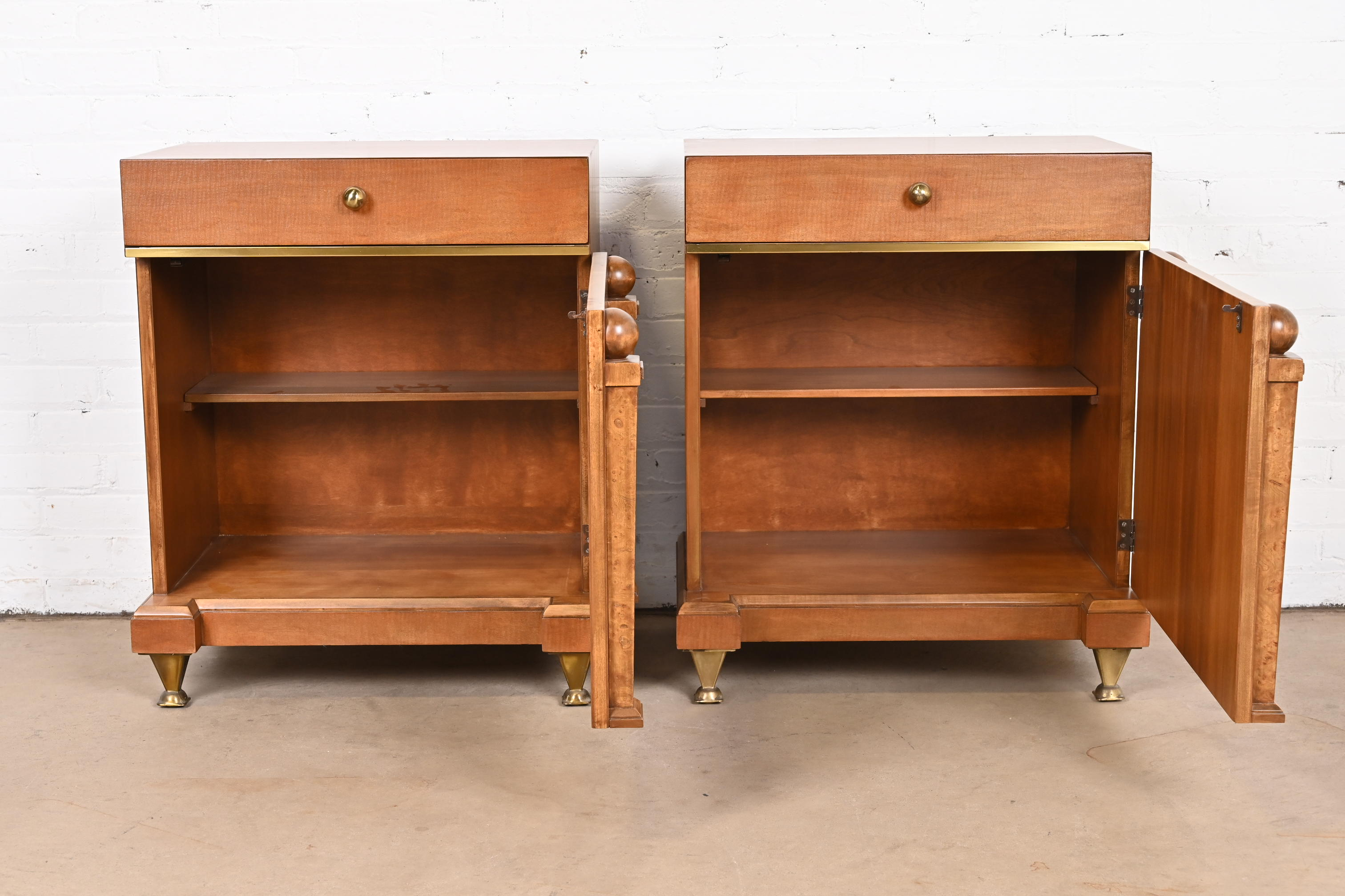 Romweber Empire Mahogany, Burl Wood, and Brass Nightstands, Newly Refinished - Image 9