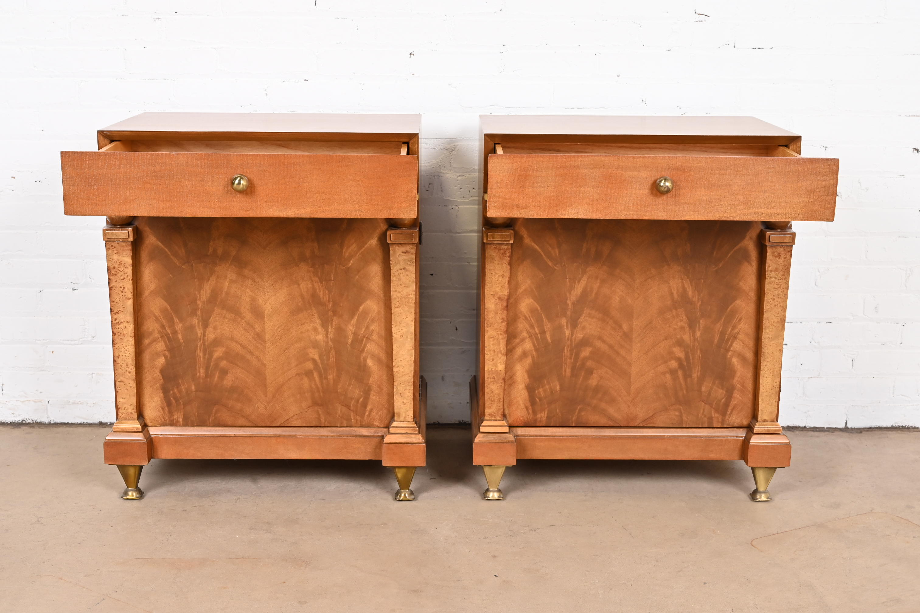 Romweber Empire Mahogany, Burl Wood, and Brass Nightstands, Newly Refinished - Image 6