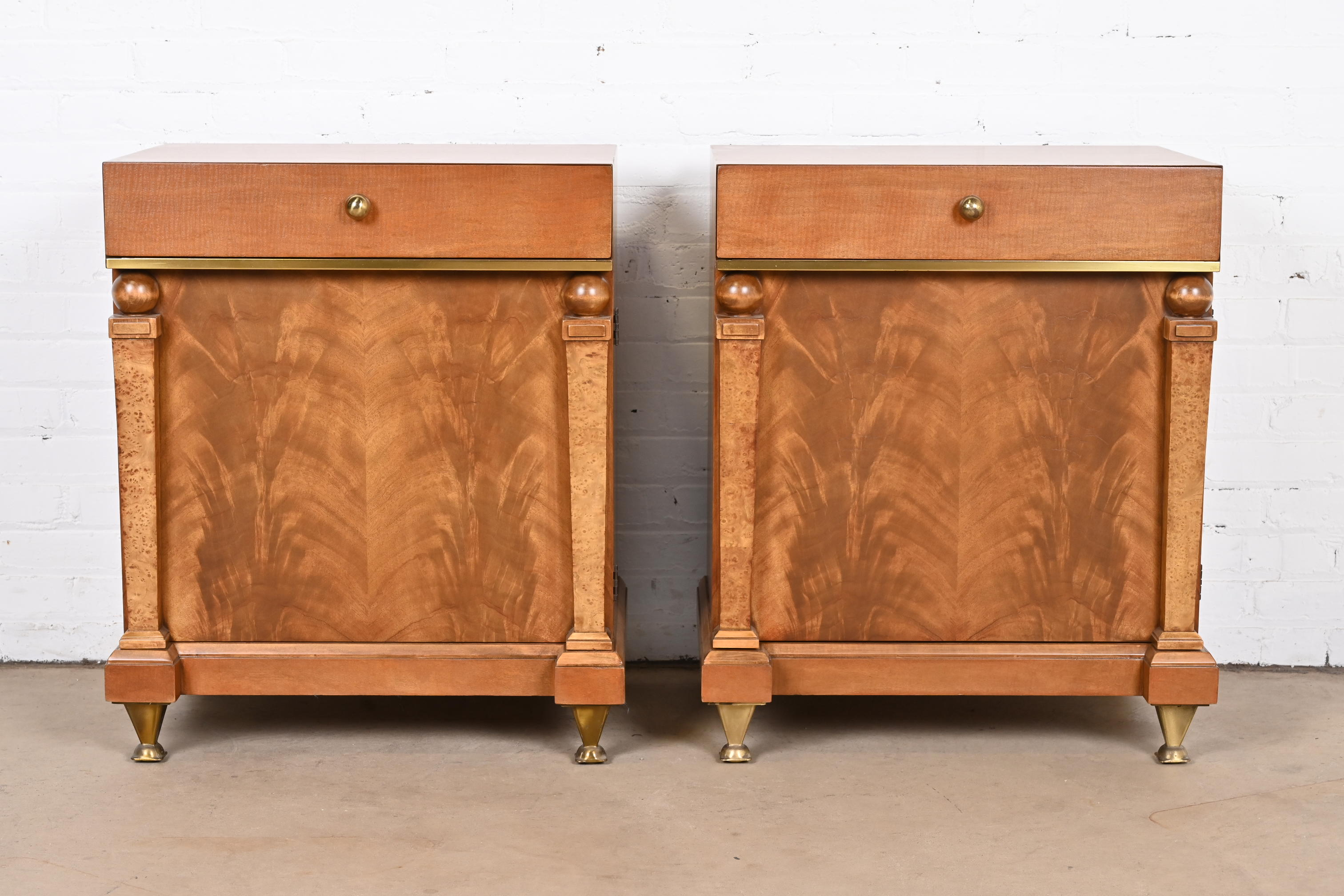 Romweber Empire Mahogany, Burl Wood, and Brass Nightstands, Newly Refinished - Image 3