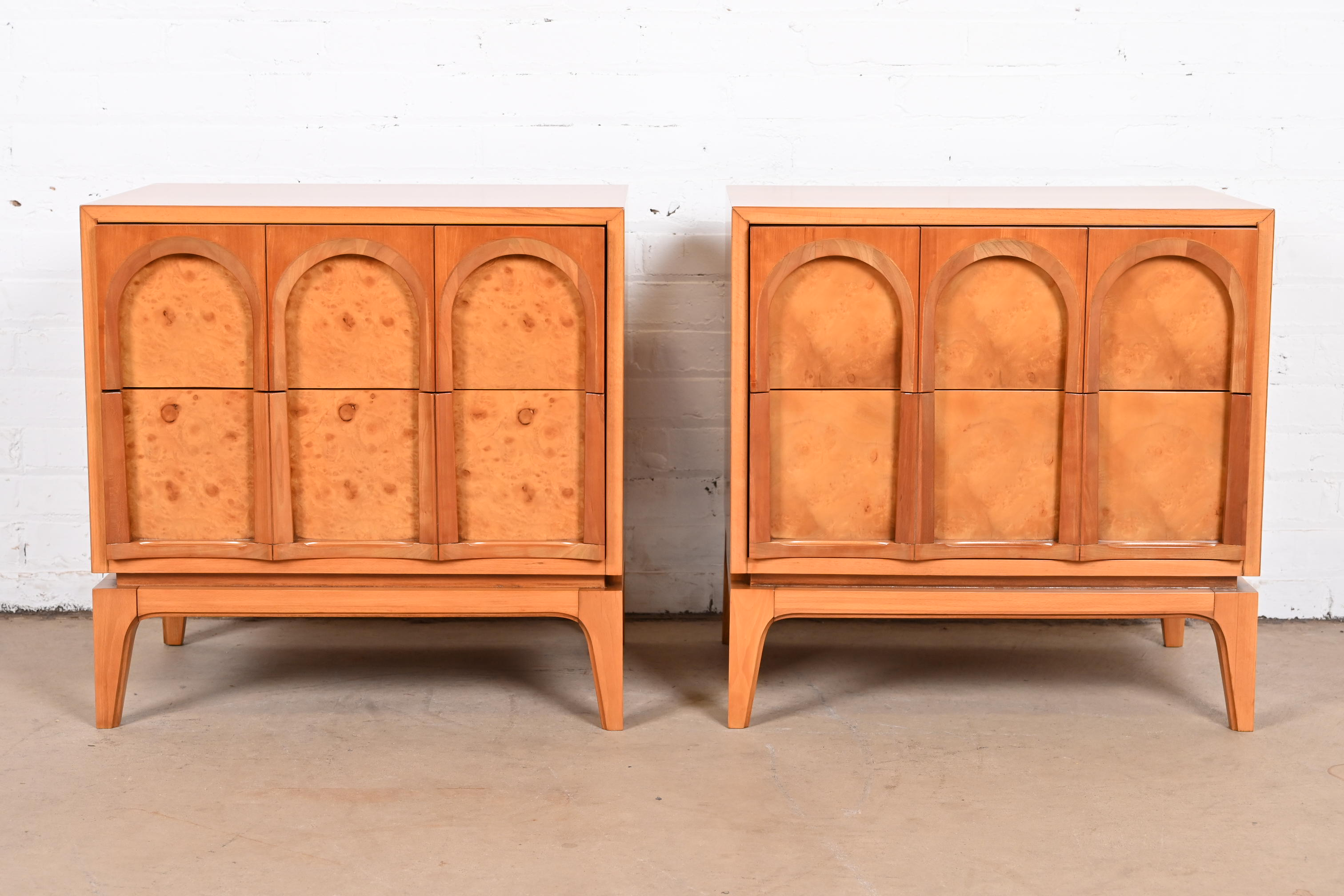 Thomasville Mid-Century Modern Burl Wood Nightstands, Newly Refinished - Image 2