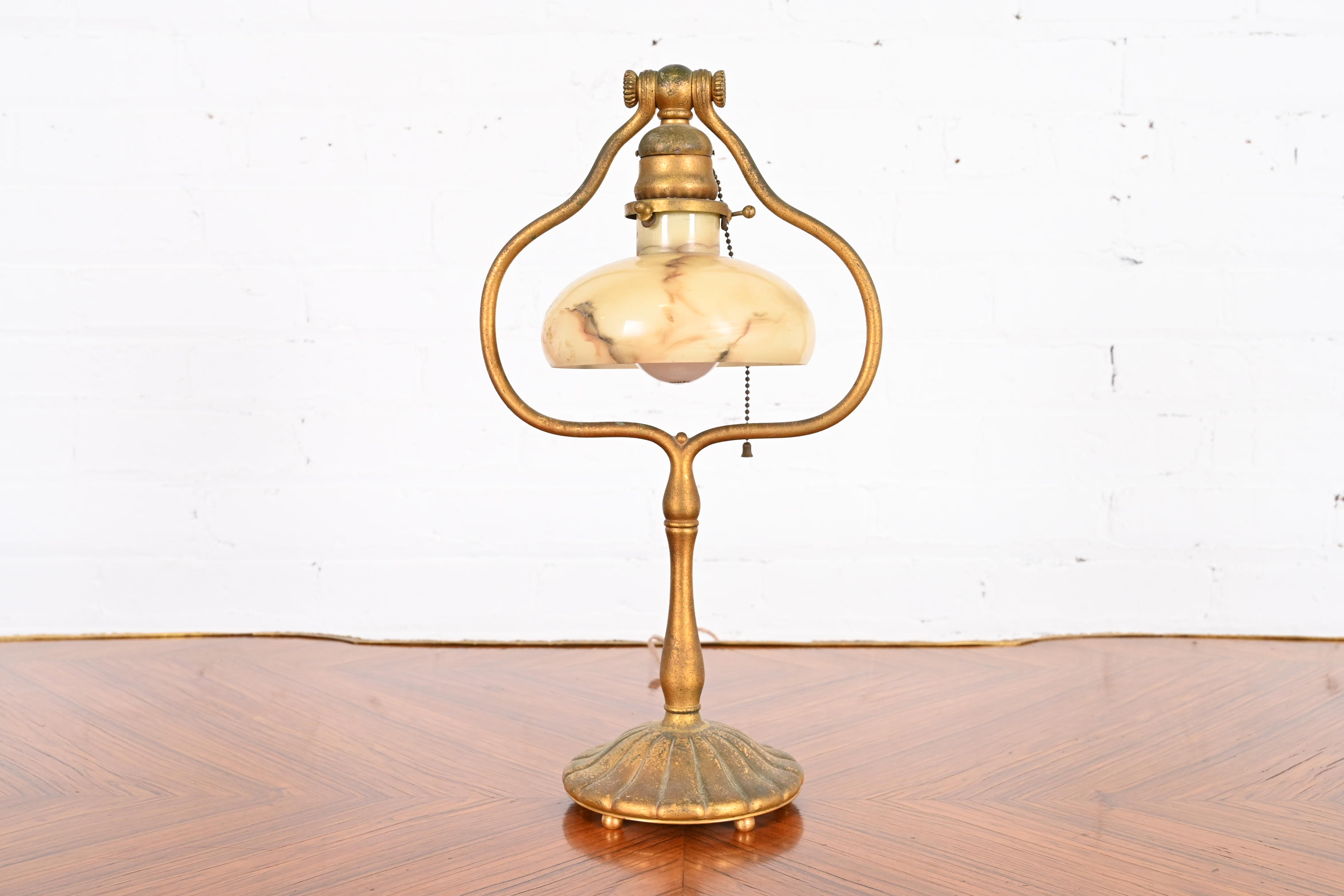 Tiffany Studios New York Gilt Bronze Harp Desk Lamp, Circa 1910