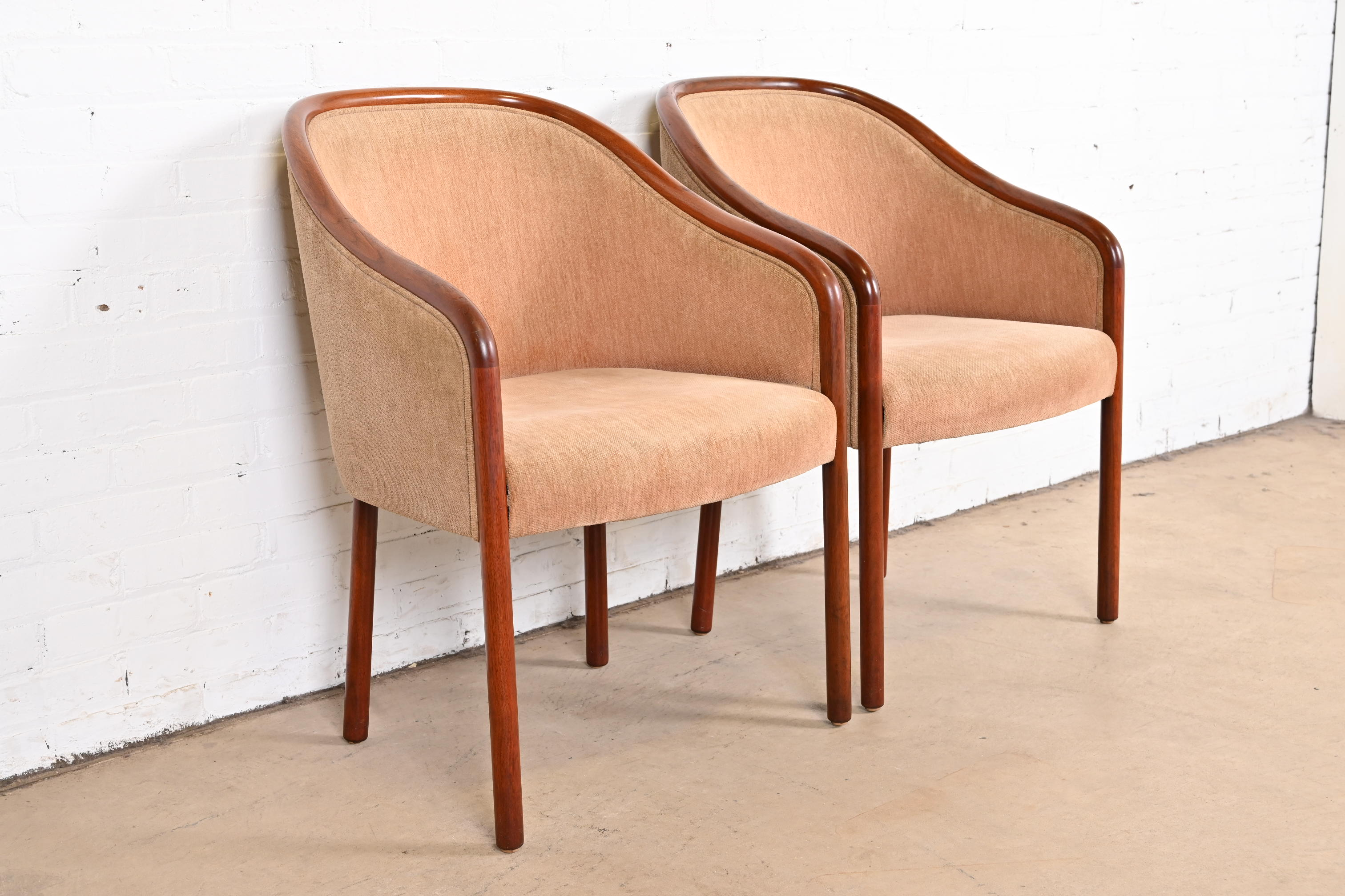 Ward Bennett for Brickel Associates Landmark Sculpted Ash Upholstered Tub Chairs, Pair