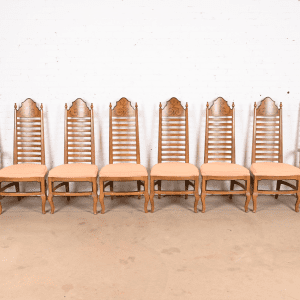 Drexel Mid-Century Italian Provincial Carved Walnut High Back Dining Chairs, Set of Eight