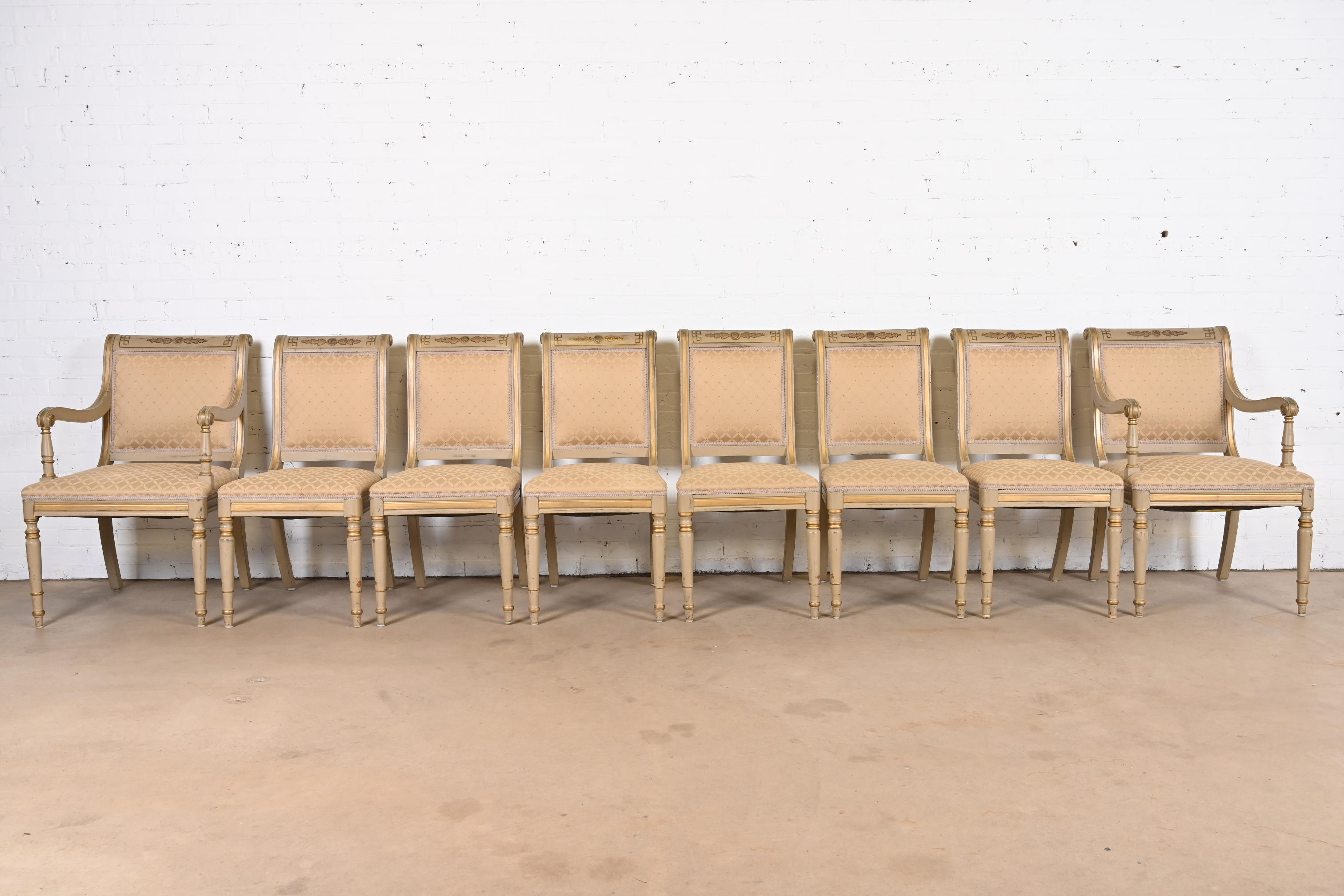 French Regency Louis XVI Carved Hand-Painted and Gold Gilt Dining Chairs, Set of Eight - Image 3