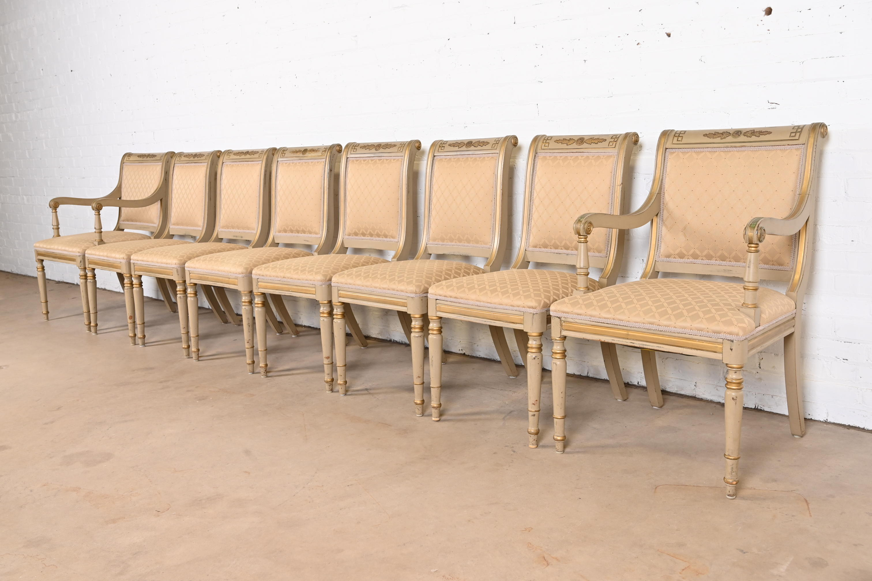 French Regency Louis XVI Carved Hand-Painted and Gold Gilt Dining Chairs, Set of Eight