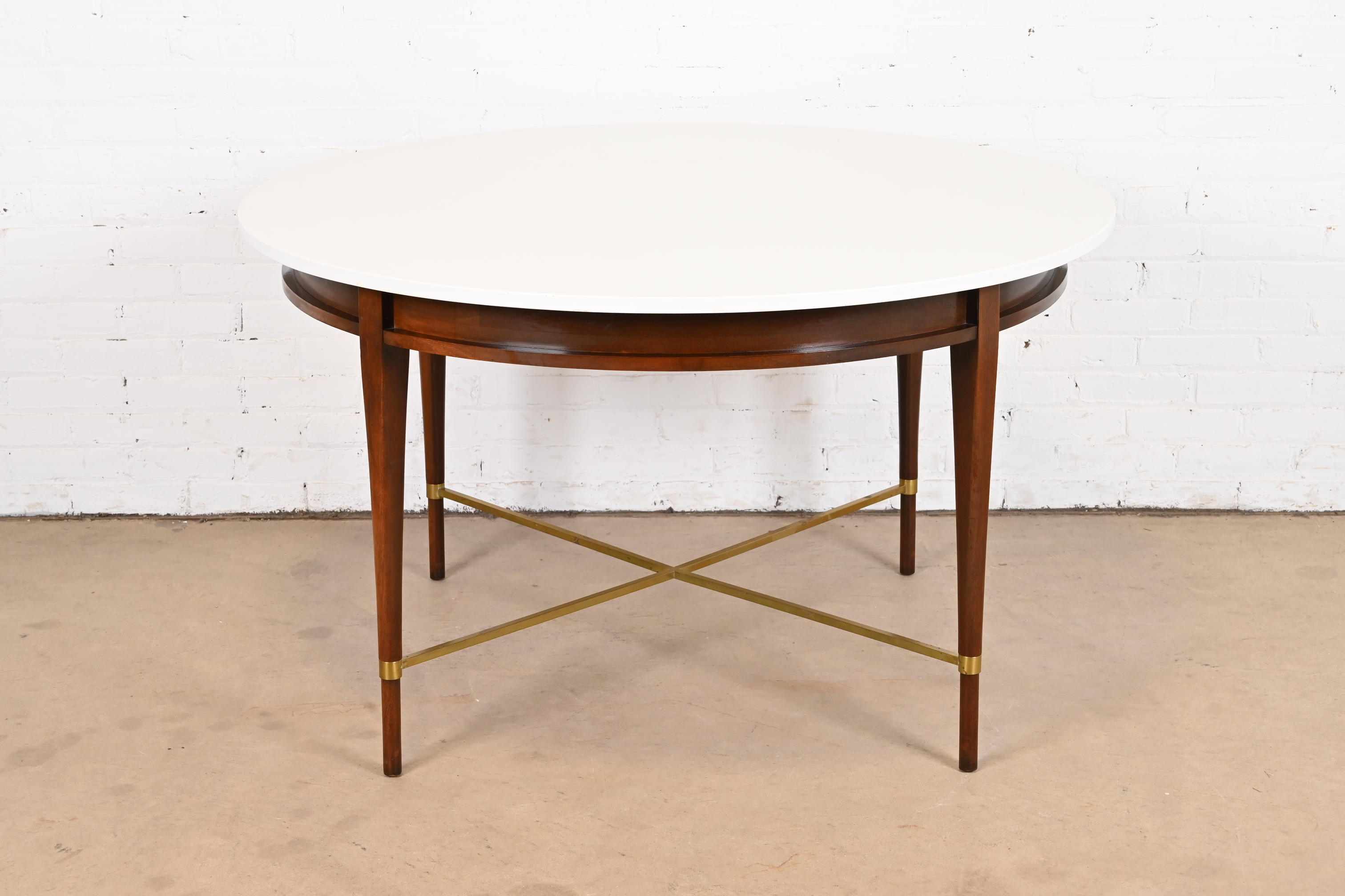 Paul McCobb Irwin Collection Mahogany and Brass Round Dining Table or Game Table, 1950s