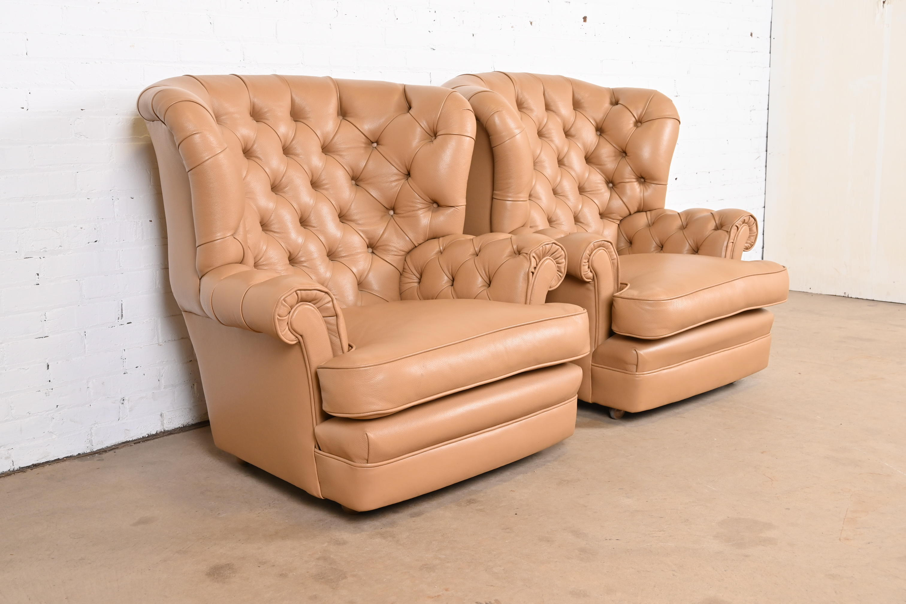 Vintage Tufted Leather Chesterfield Wingback Lounge Chairs, Pair - Image 4