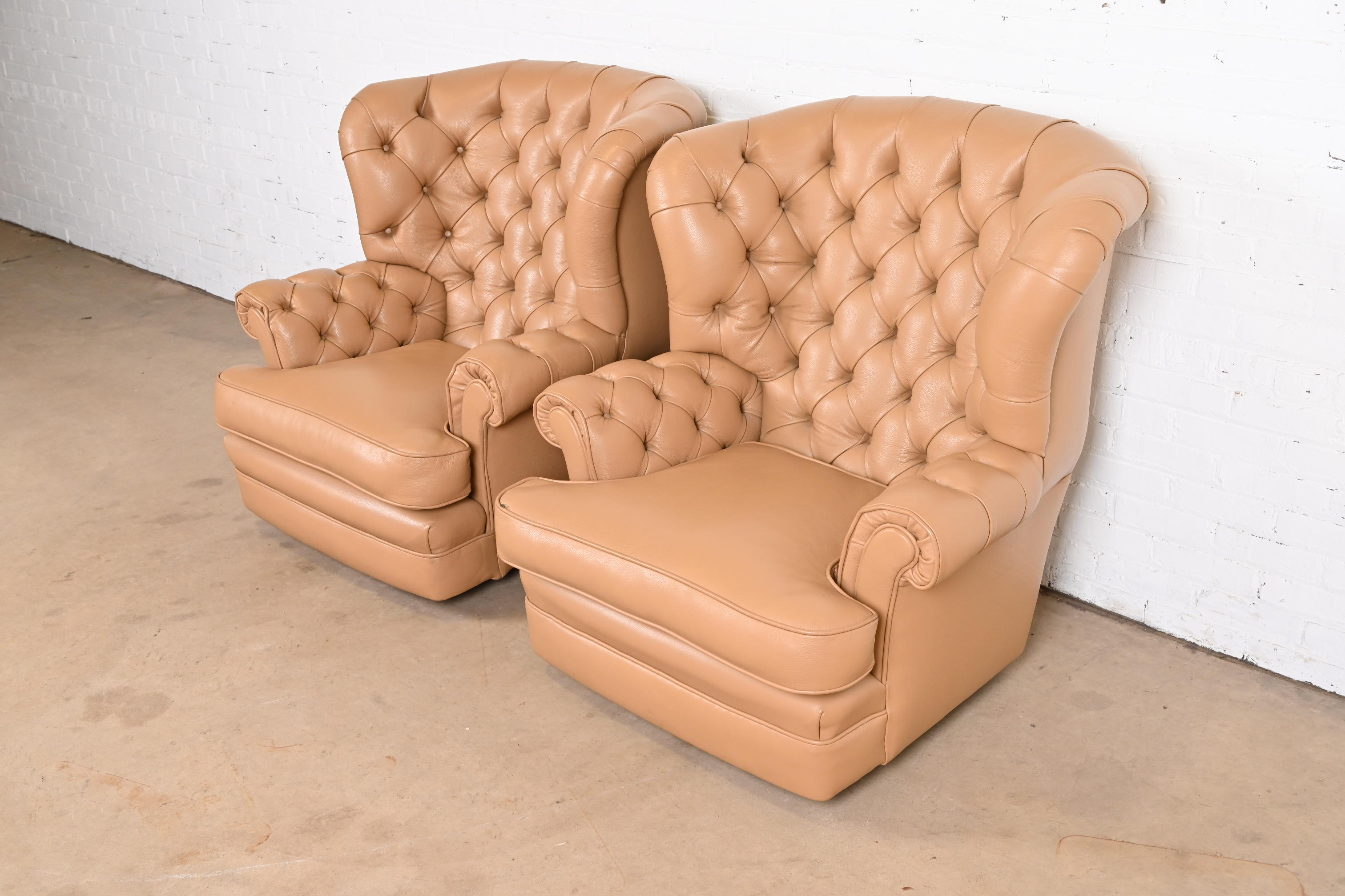 Vintage Tufted Leather Chesterfield Wingback Lounge Chairs, Pair - Image 3