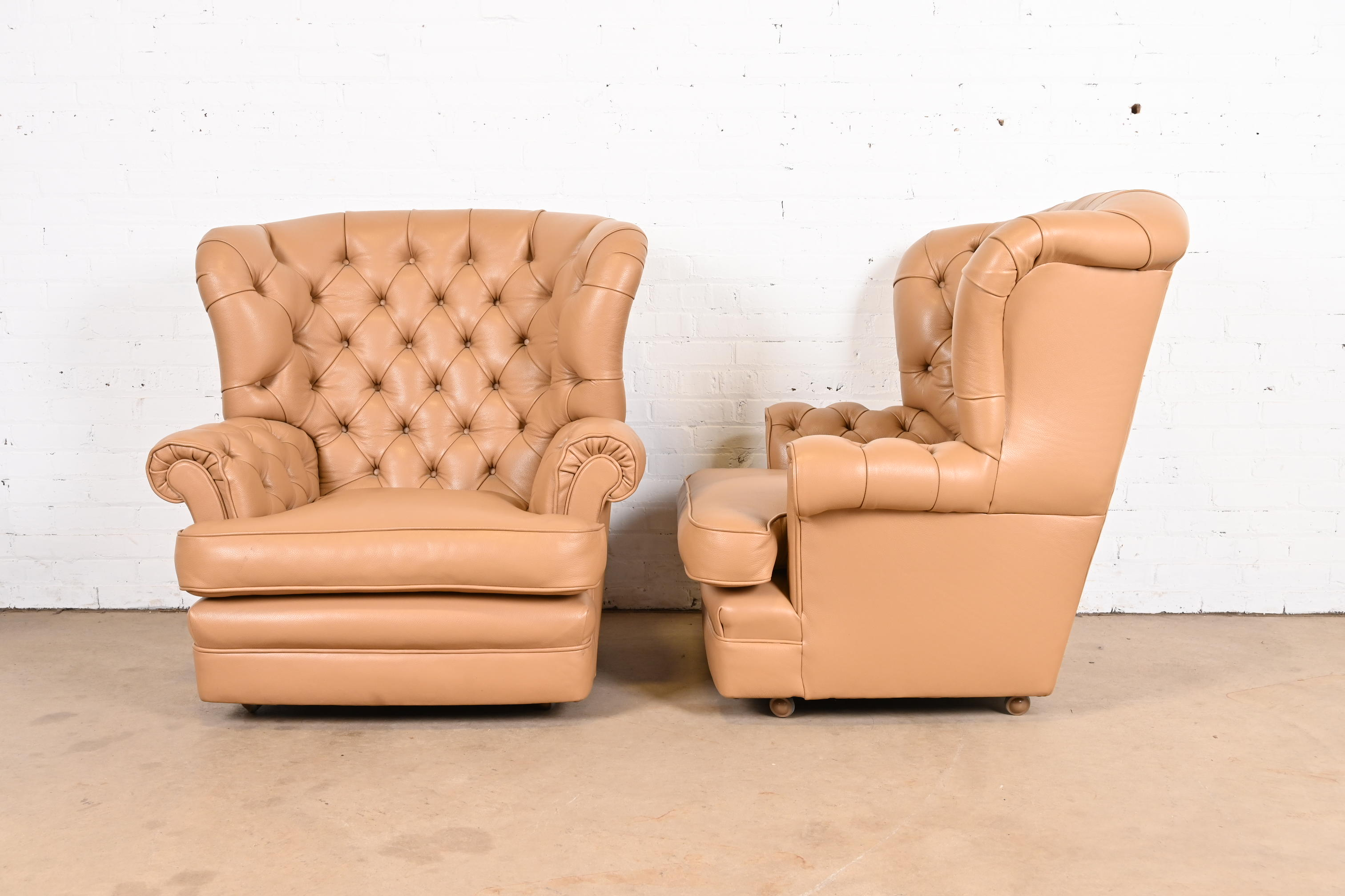 Vintage Tufted Leather Chesterfield Wingback Lounge Chairs, Pair - Image 7