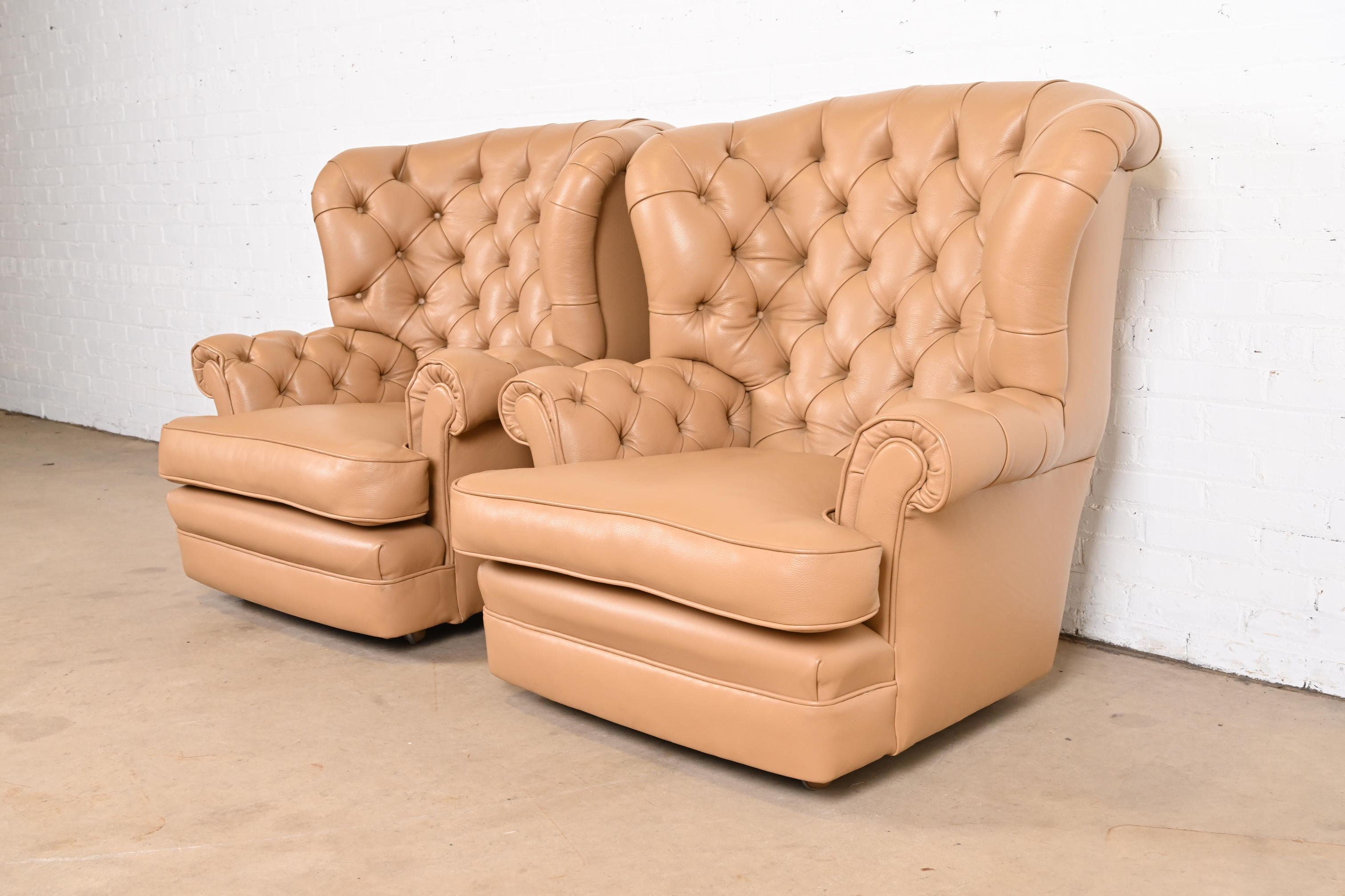 Vintage Tufted Leather Chesterfield Wingback Lounge Chairs, Pair - Image 2