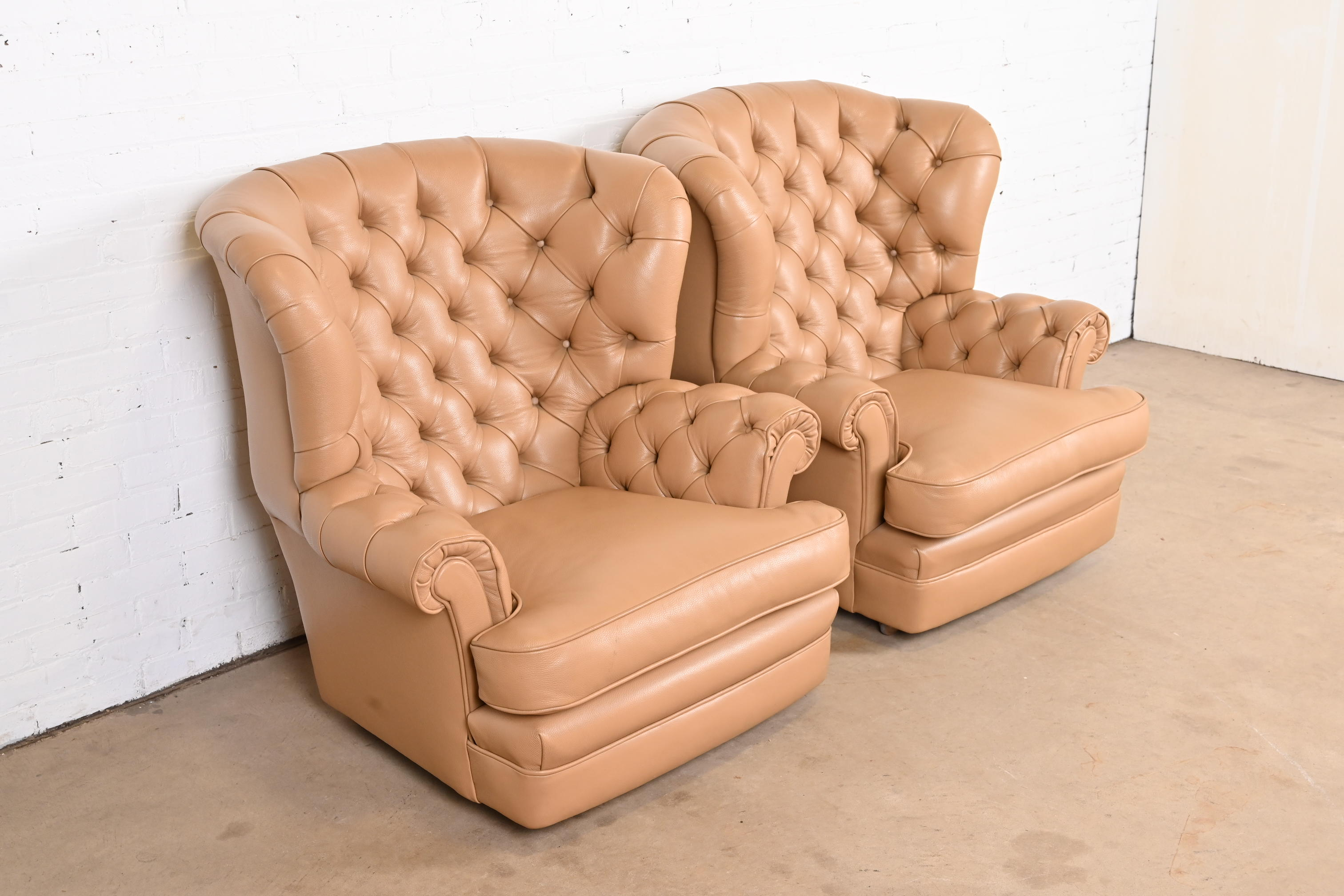 Vintage Tufted Leather Chesterfield Wingback Lounge Chairs, Pair - Image 5
