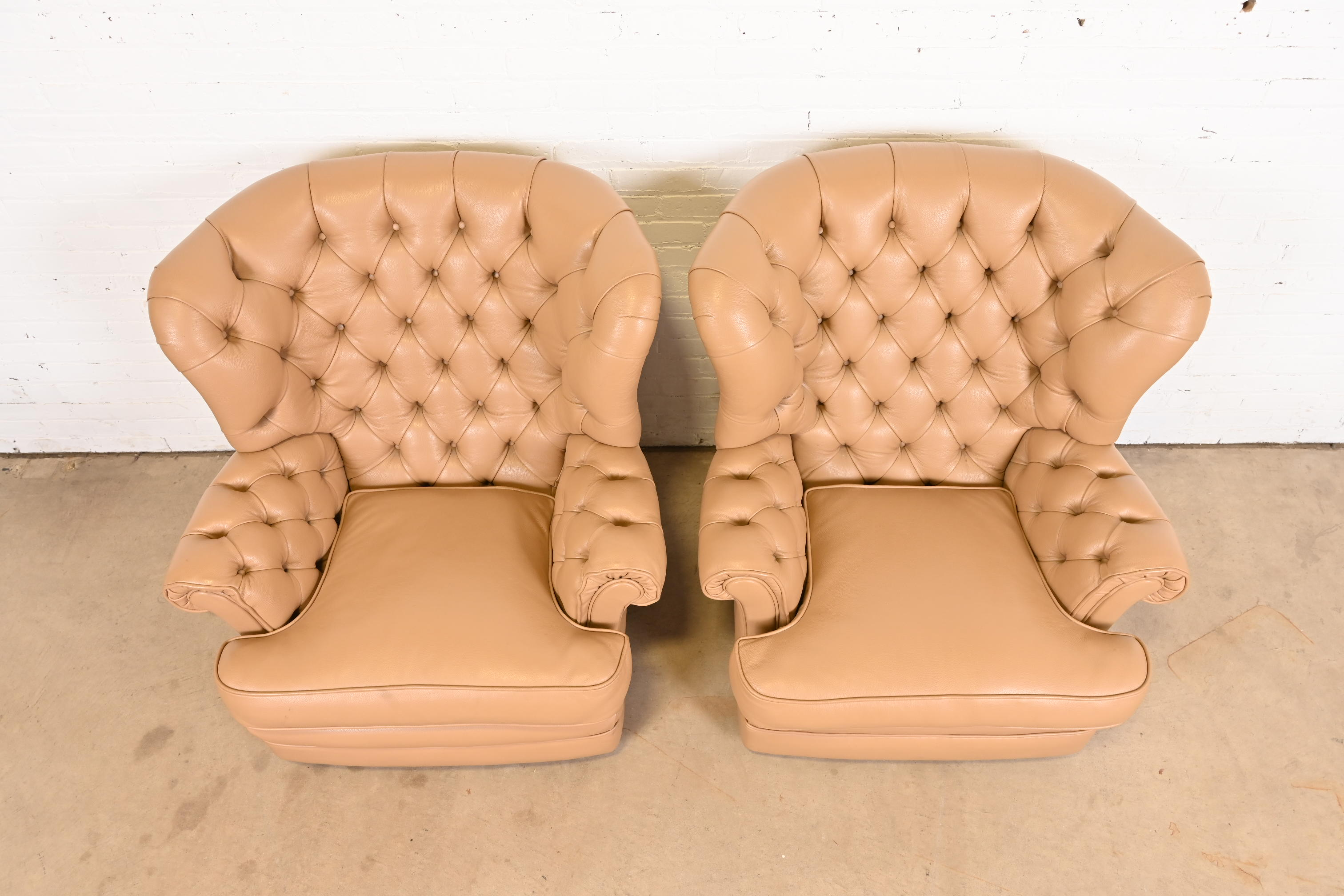 Vintage Tufted Leather Chesterfield Wingback Lounge Chairs, Pair - Image 6