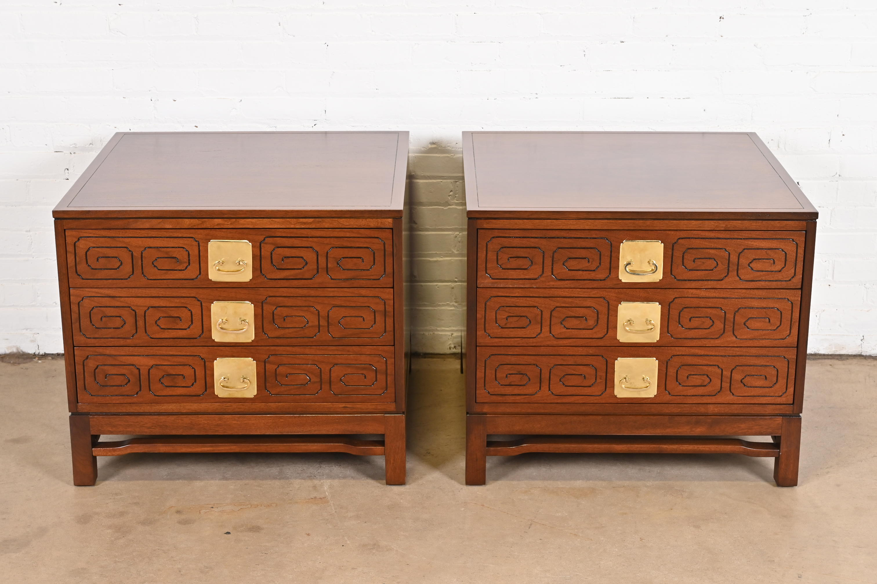 Widdicomb Mid-Century Modern Hollywood Regency Walnut Bedside Chests, Newly Refinished