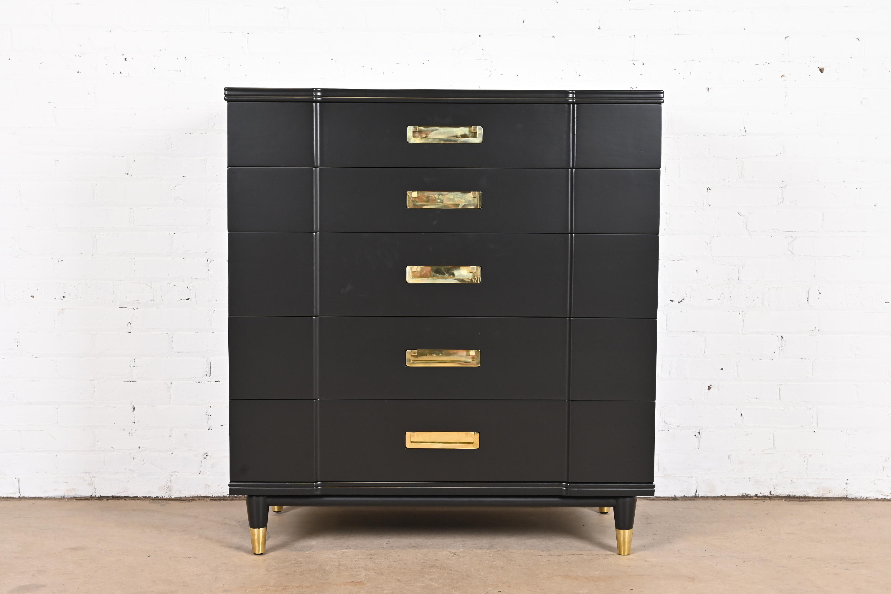 John Widdicomb Hollywood Regency Campaign Black Lacquered Highboy Dresser, Newly Refinished - Image 6
