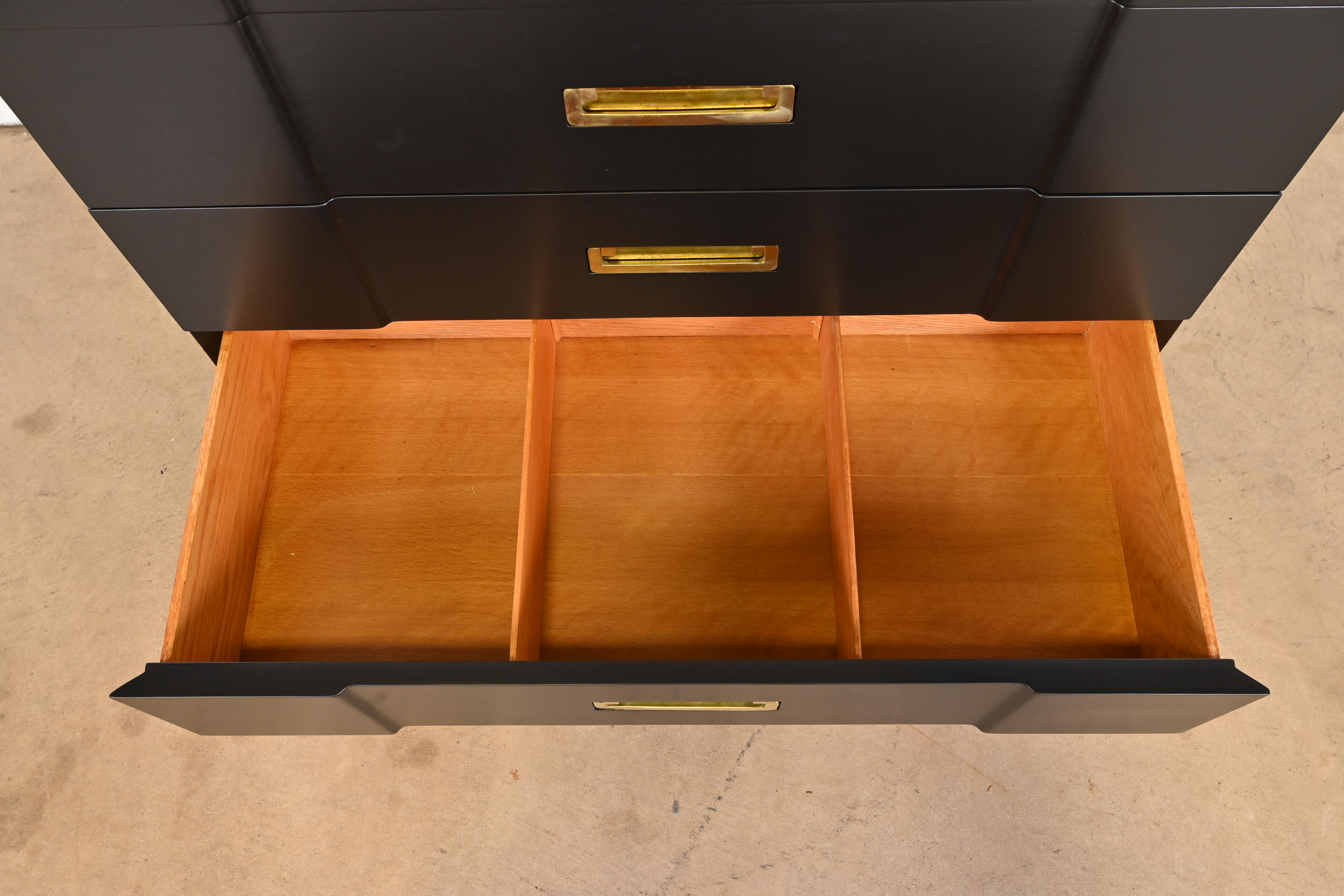 John Widdicomb Hollywood Regency Campaign Black Lacquered Highboy Dresser, Newly Refinished - Image 8
