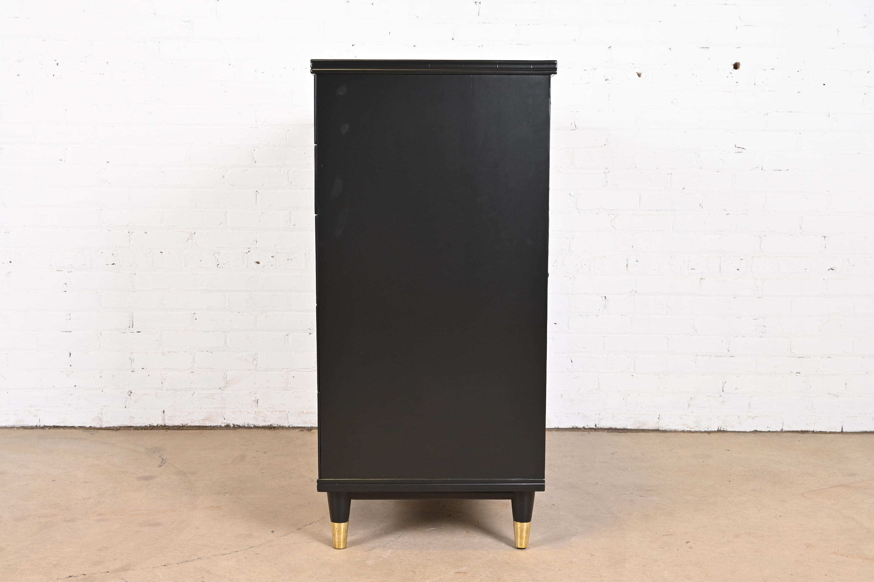 John Widdicomb Hollywood Regency Campaign Black Lacquered Highboy Dresser, Newly Refinished - Image 11