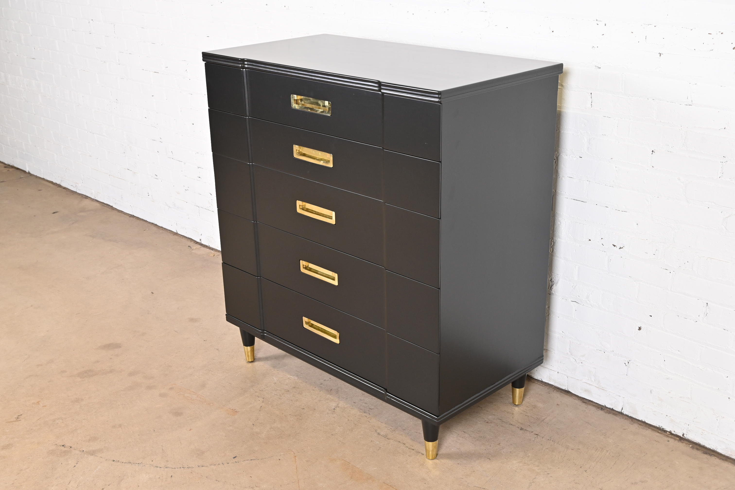 John Widdicomb Hollywood Regency Campaign Black Lacquered Highboy Dresser, Newly Refinished - Image 3