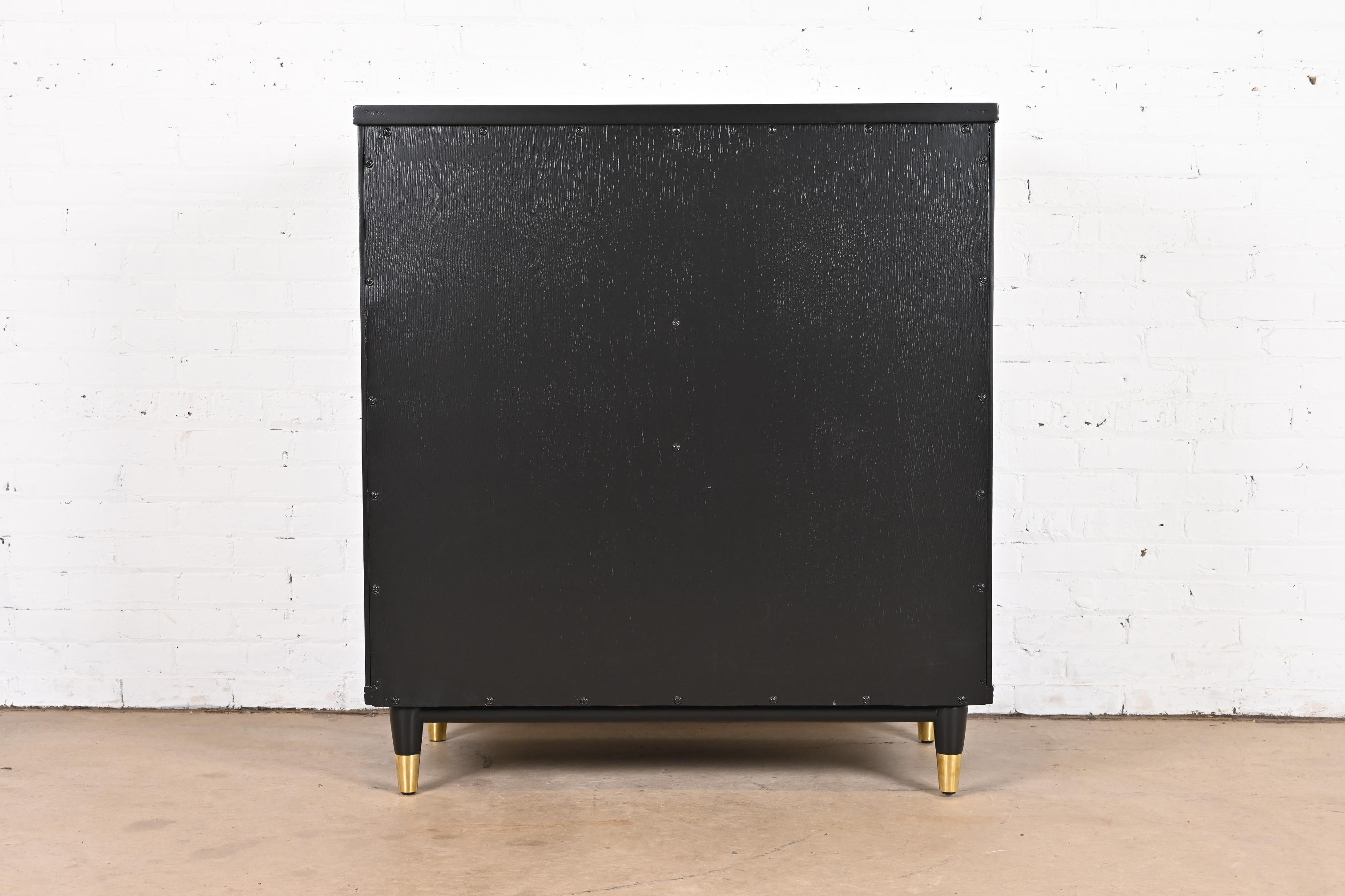 John Widdicomb Hollywood Regency Campaign Black Lacquered Highboy Dresser, Newly Refinished - Image 12