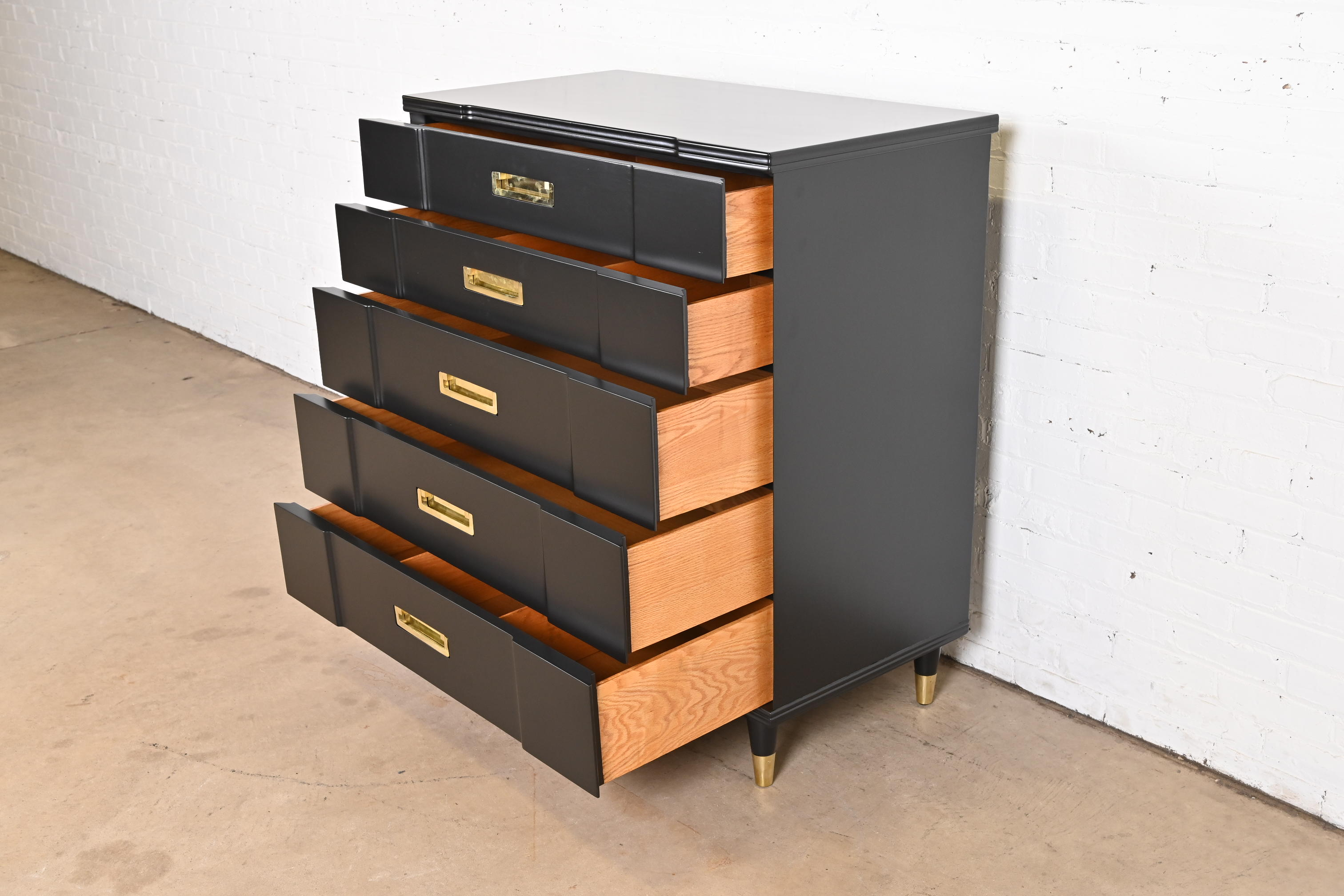 John Widdicomb Hollywood Regency Campaign Black Lacquered Highboy Dresser, Newly Refinished - Image 7