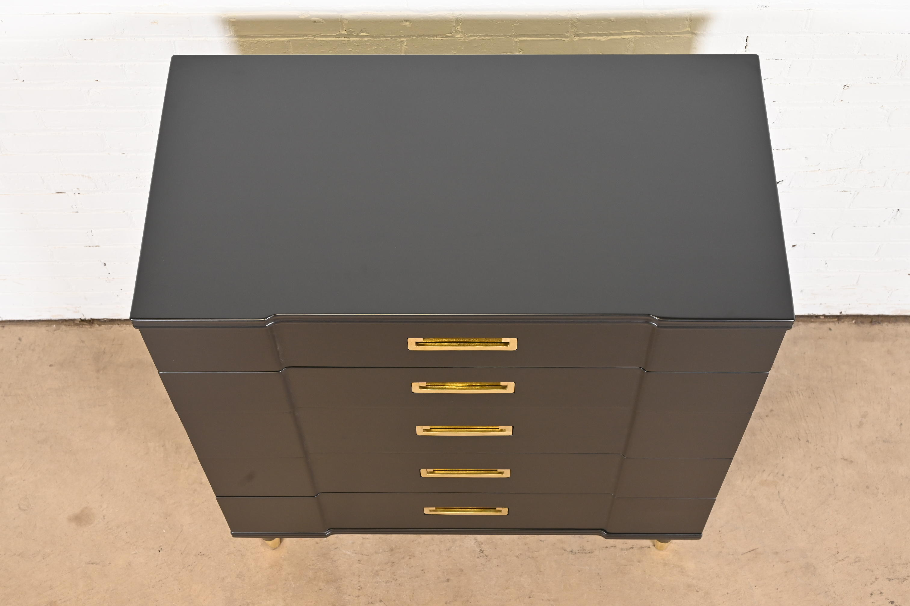John Widdicomb Hollywood Regency Campaign Black Lacquered Highboy Dresser, Newly Refinished - Image 10