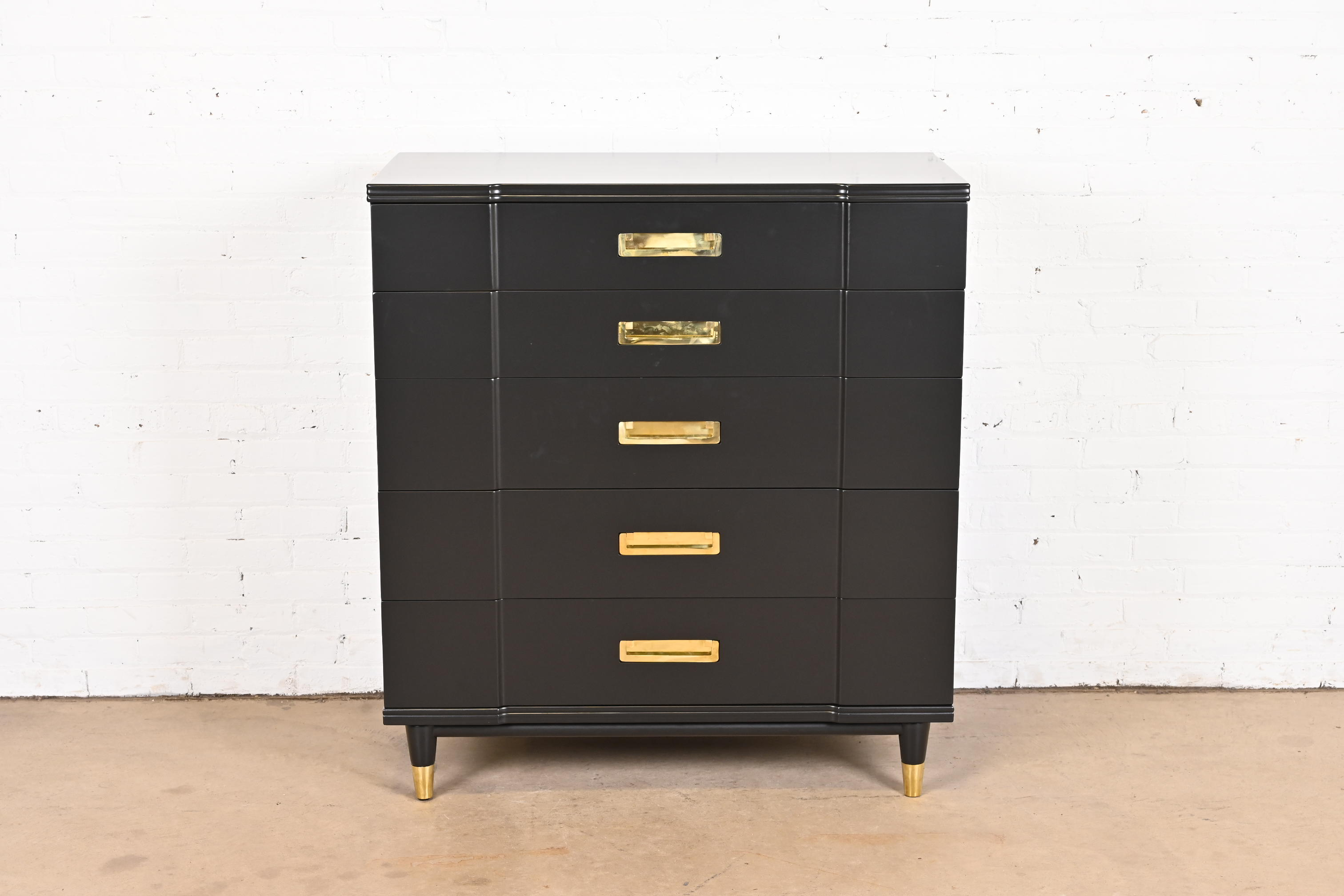 John Widdicomb Hollywood Regency Campaign Black Lacquered Highboy Dresser, Newly Refinished - Image 5