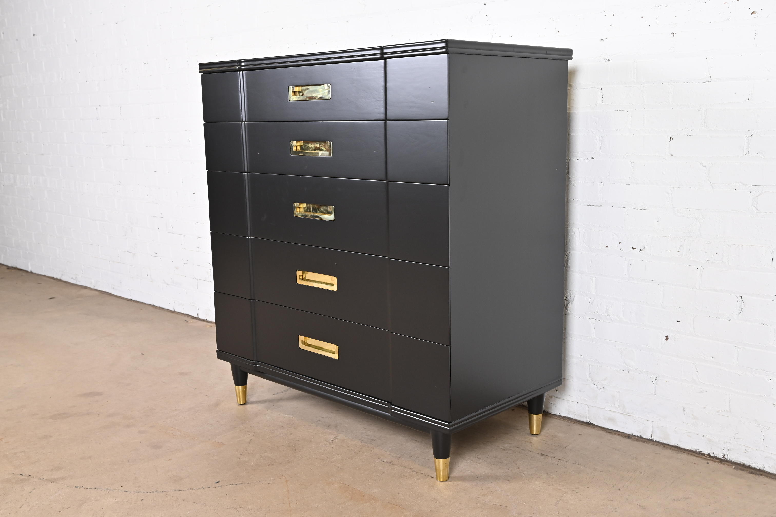 John Widdicomb Hollywood Regency Campaign Black Lacquered Highboy Dresser, Newly Refinished - Image 4