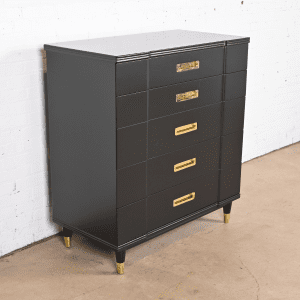 John Widdicomb Hollywood Regency Campaign Black Lacquered Highboy Dresser, Newly Refinished