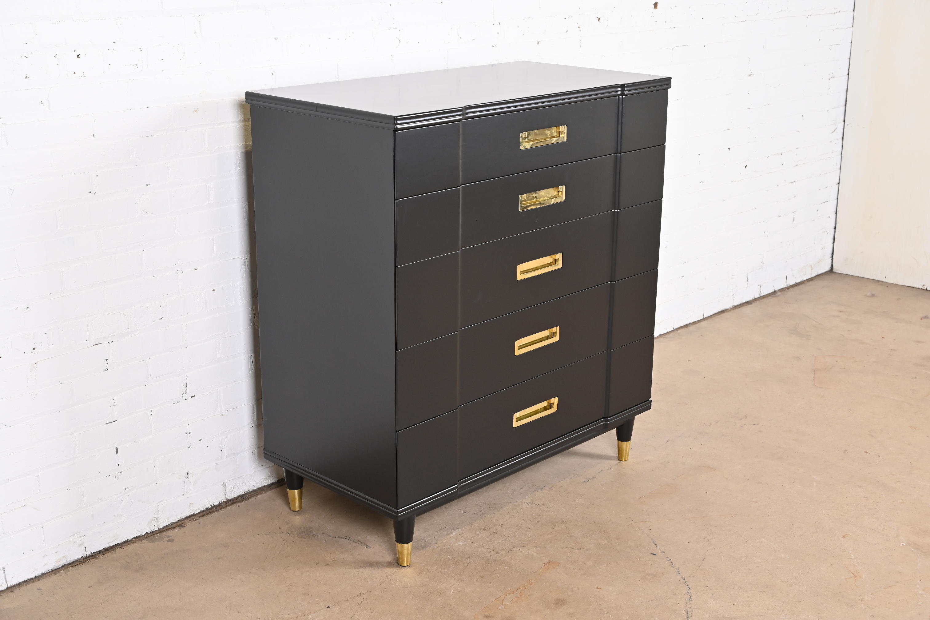 John Widdicomb Hollywood Regency Campaign Black Lacquered Highboy Dresser, Newly Refinished