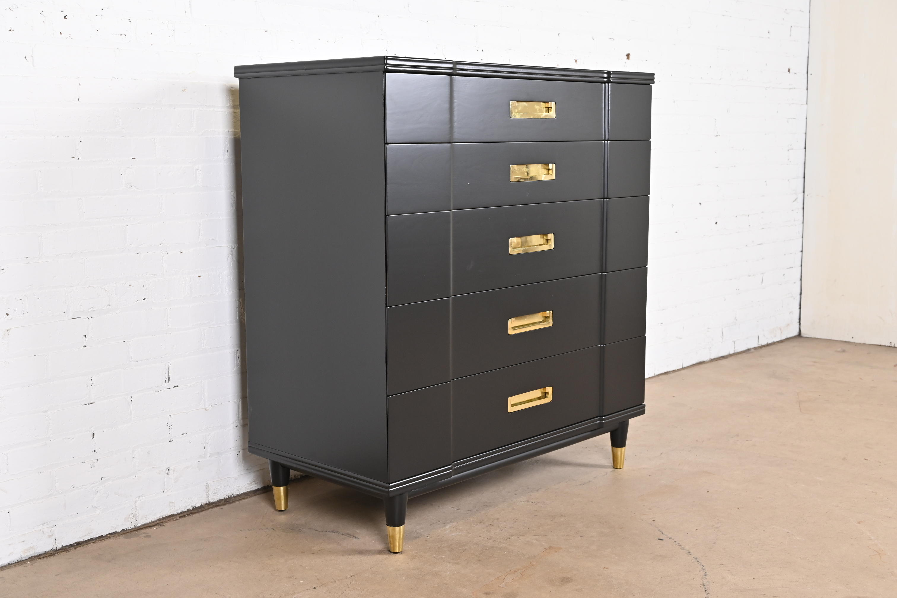 John Widdicomb Hollywood Regency Campaign Black Lacquered Highboy Dresser, Newly Refinished - Image 2