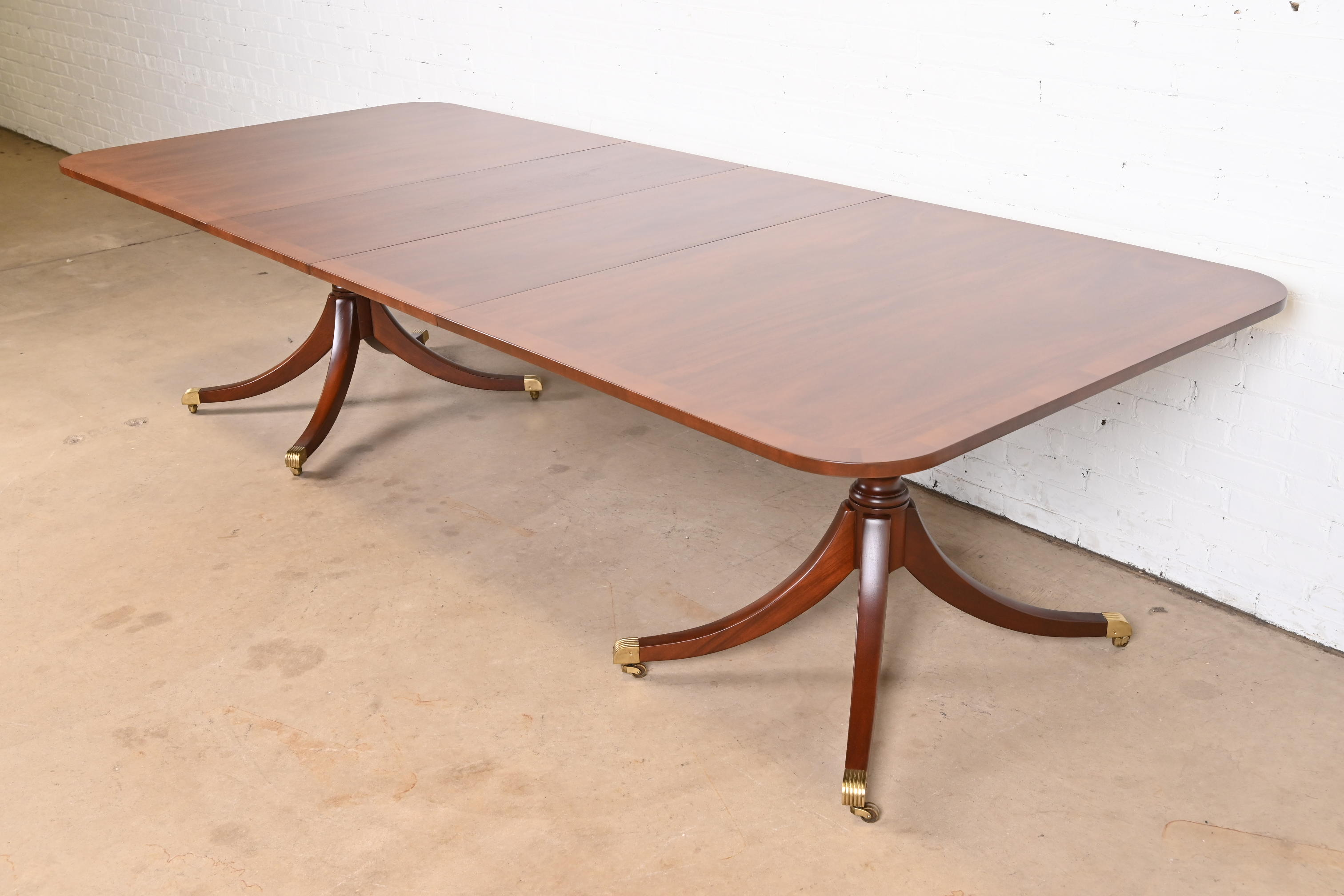 Kittinger Georgian Banded Mahogany Double Pedestal Extension Dining Table, Newly Refinished