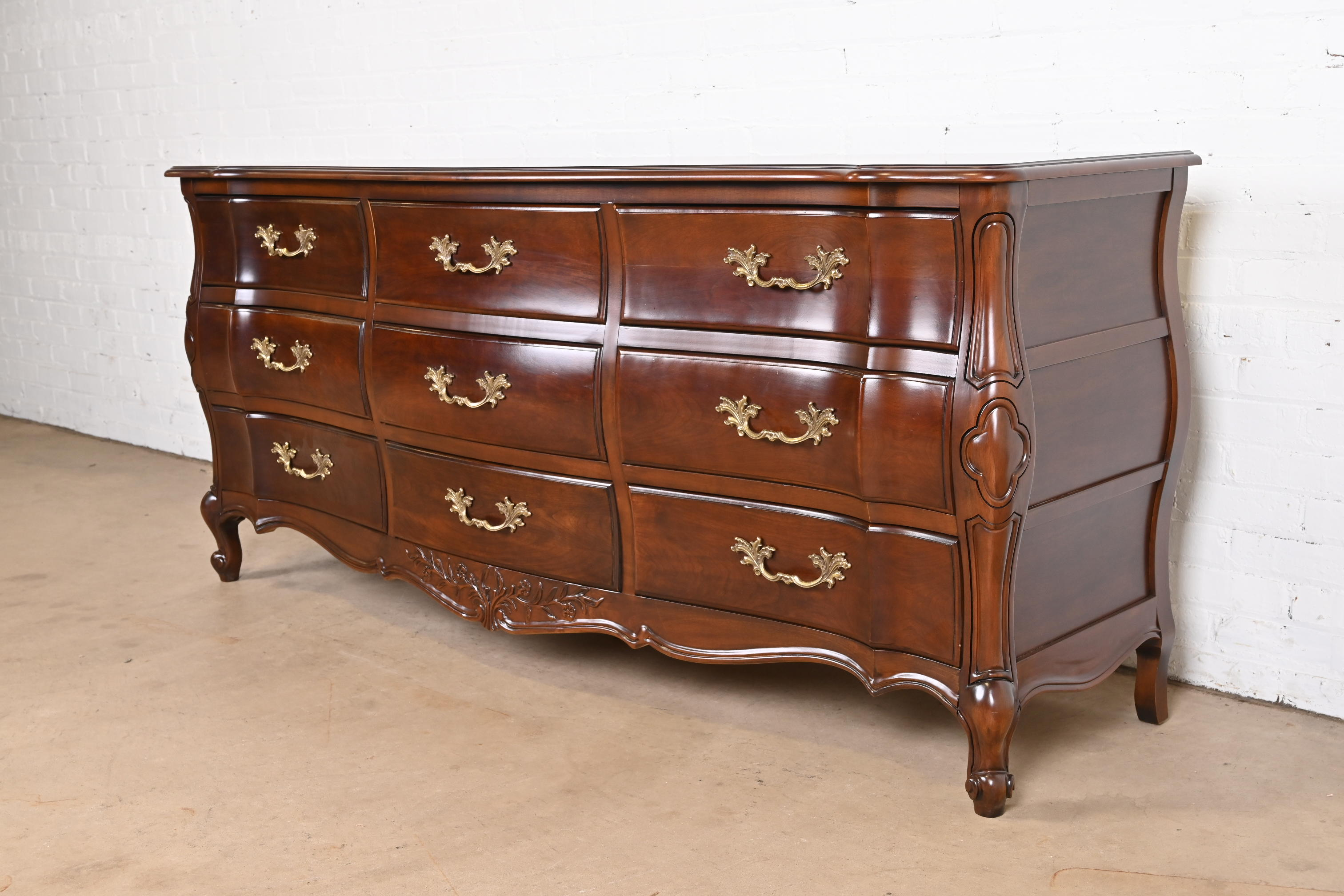 French Provincial Louis XV Carved Cherry Wood Triple Dresser by White Furniture, Newly Refinished - Image 4