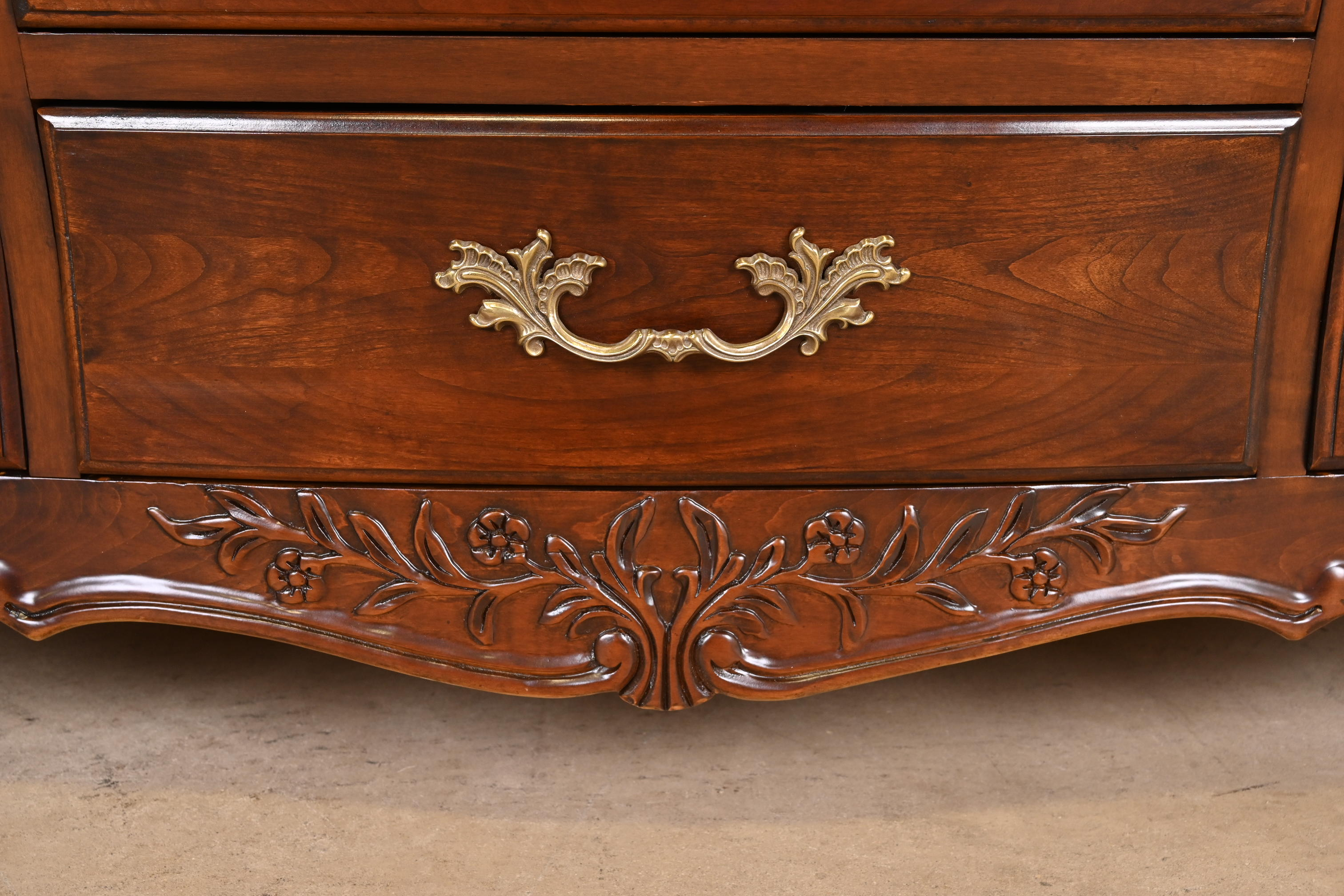 French Provincial Louis XV Carved Cherry Wood Triple Dresser by White Furniture, Newly Refinished - Image 9