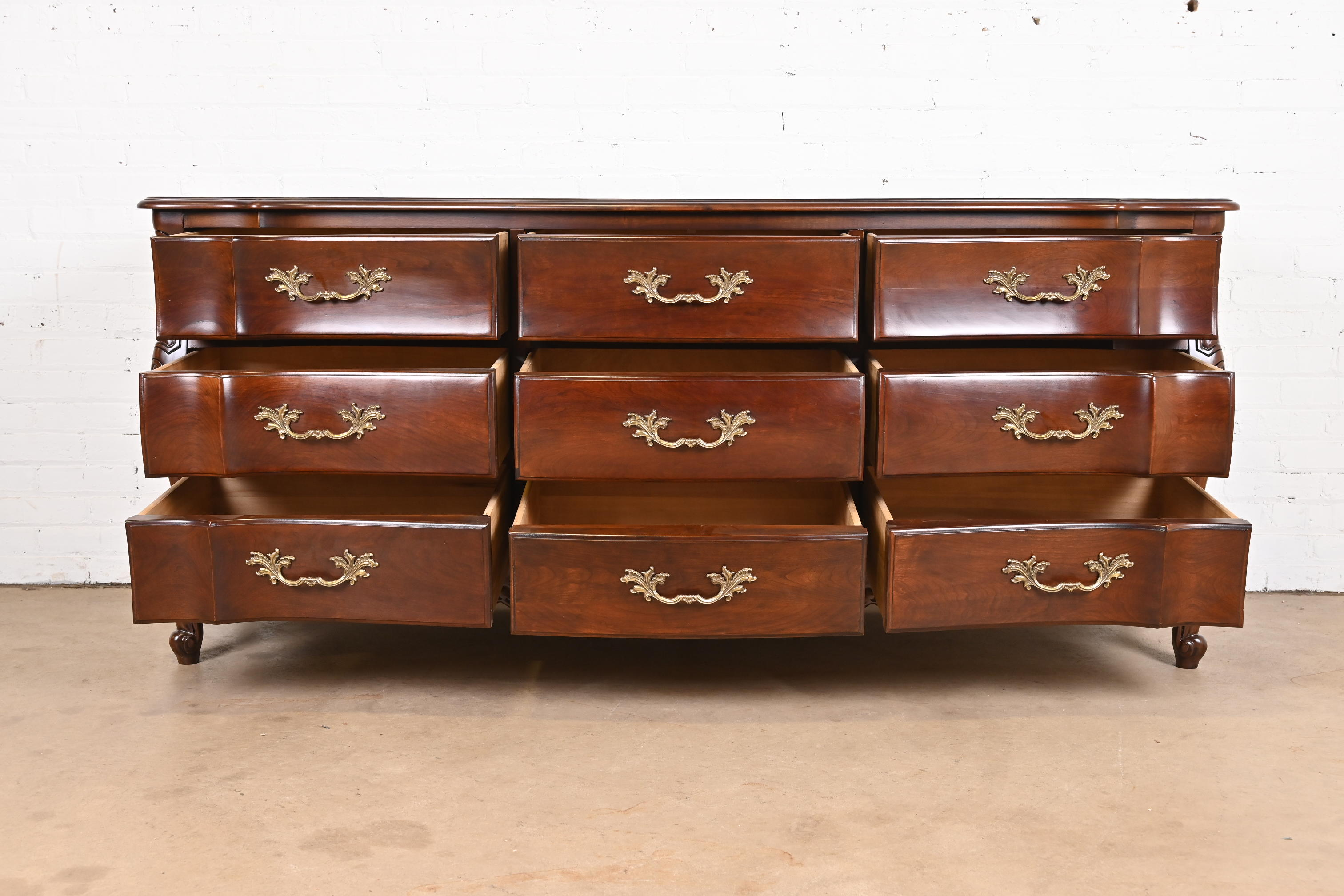 French Provincial Louis XV Carved Cherry Wood Triple Dresser by White Furniture, Newly Refinished - Image 6