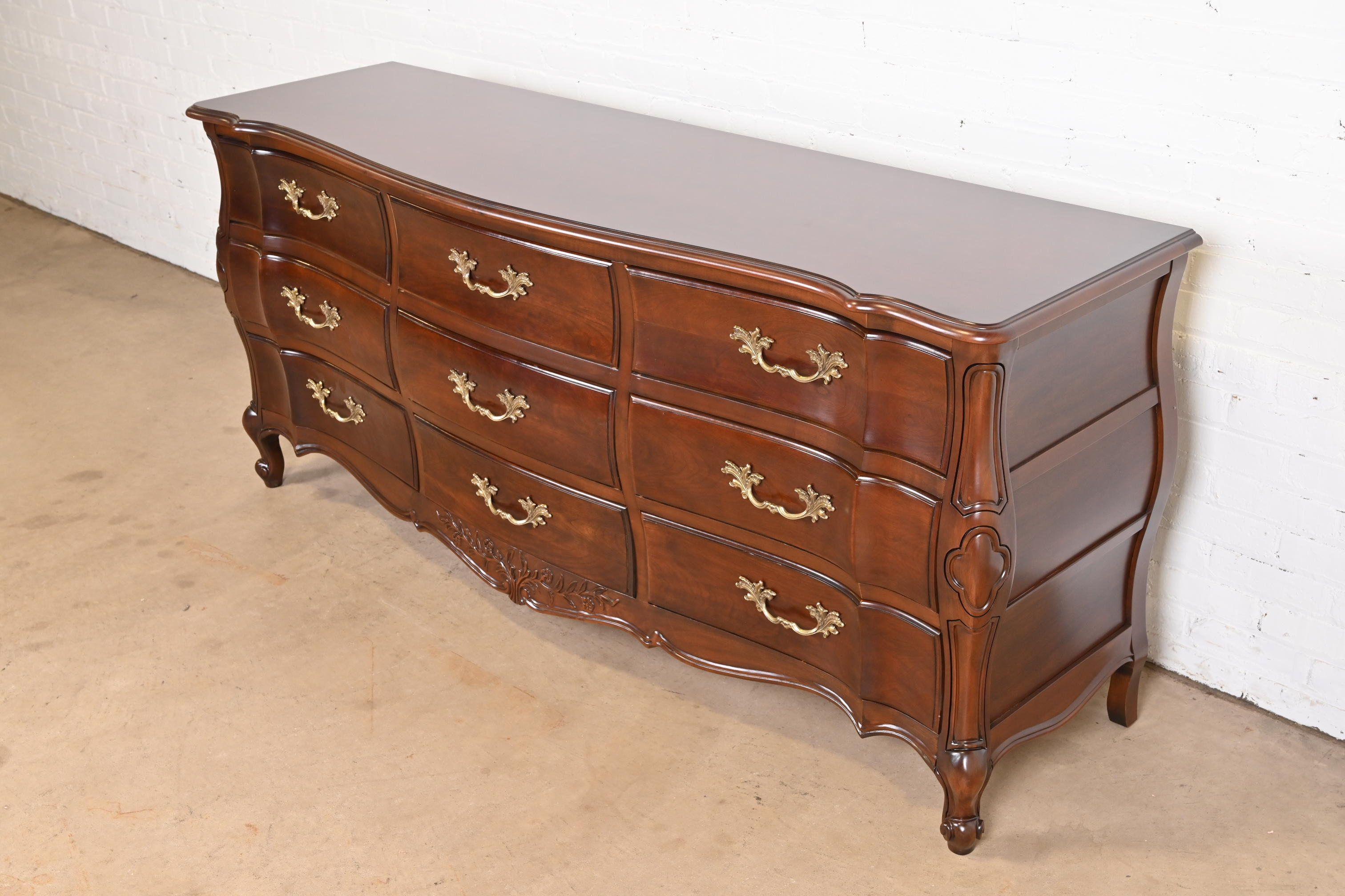 French Provincial Louis XV Carved Cherry Wood Triple Dresser by White Furniture, Newly Refinished - Image 3