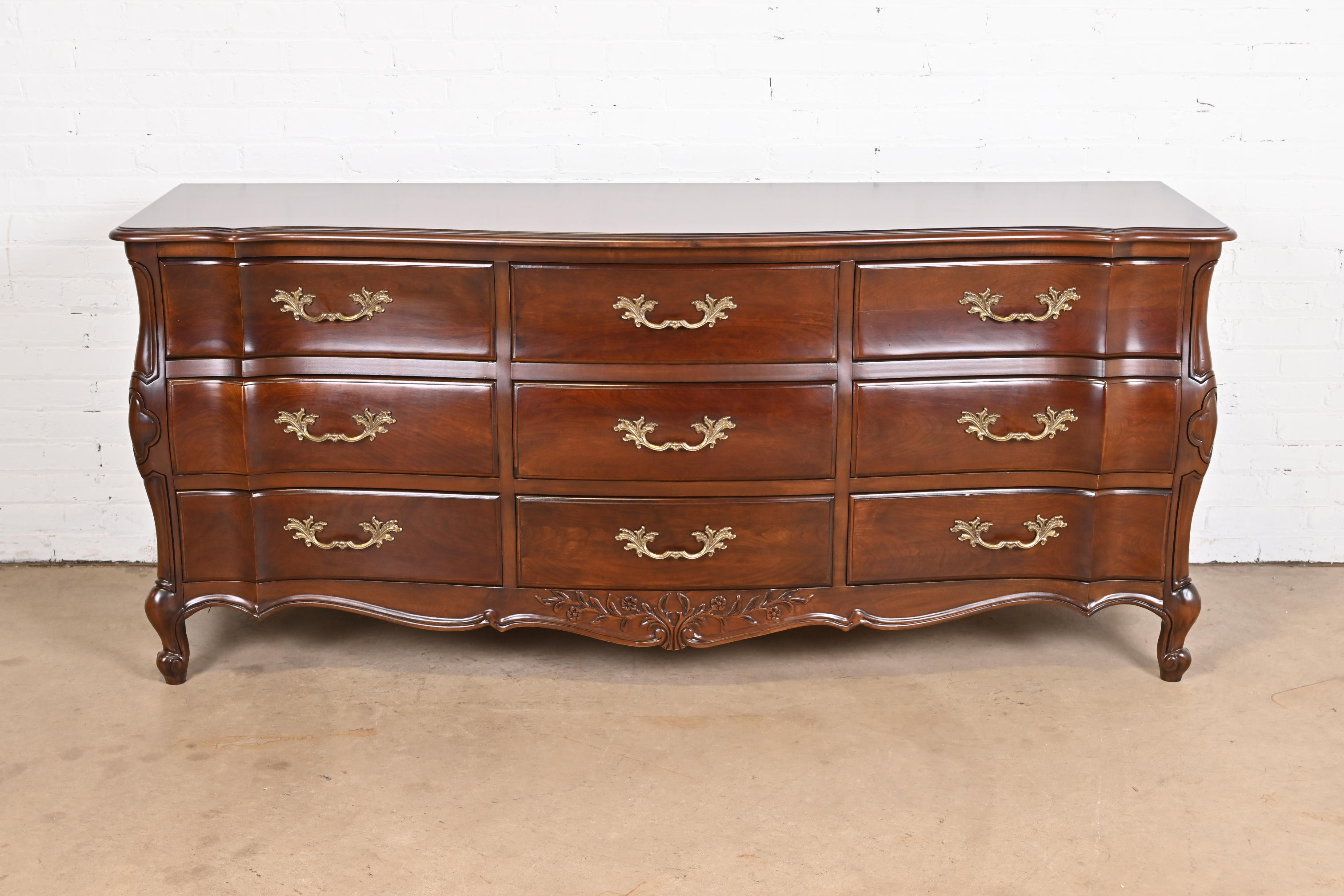 French Provincial Louis XV Carved Cherry Wood Triple Dresser by White Furniture, Newly Refinished